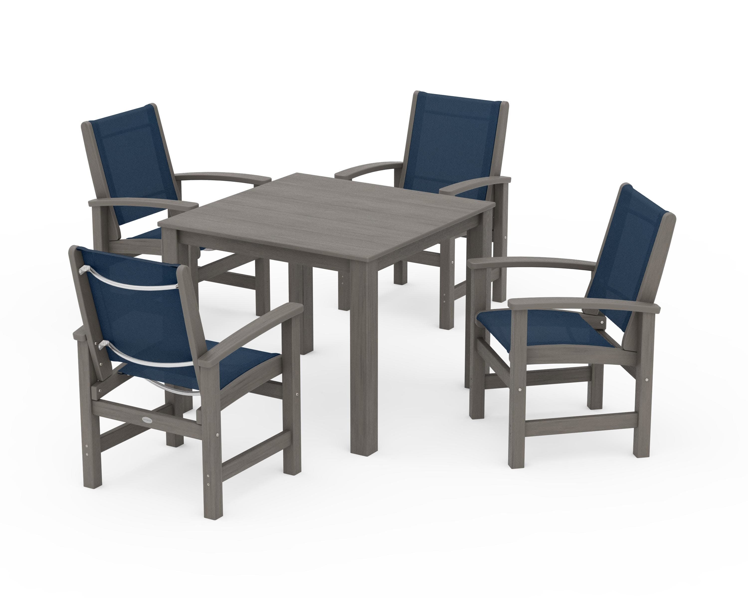 Coastal 5-Piece Parsons Dining Set in Driftwood / Navy Blue Sling