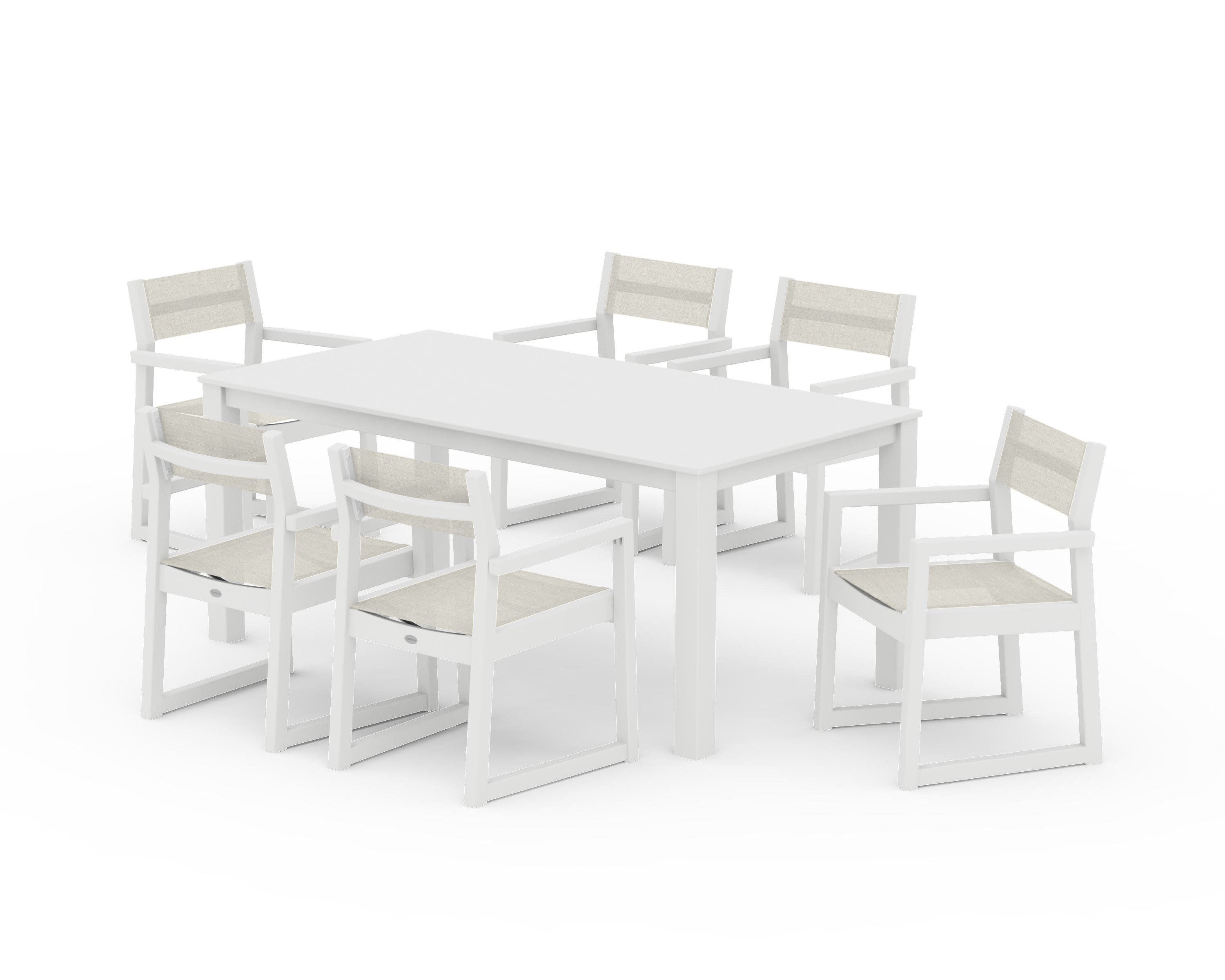 EDGE Sling Arm Chair 7-Piece Parsons Dining Set in White / Parchment Sling