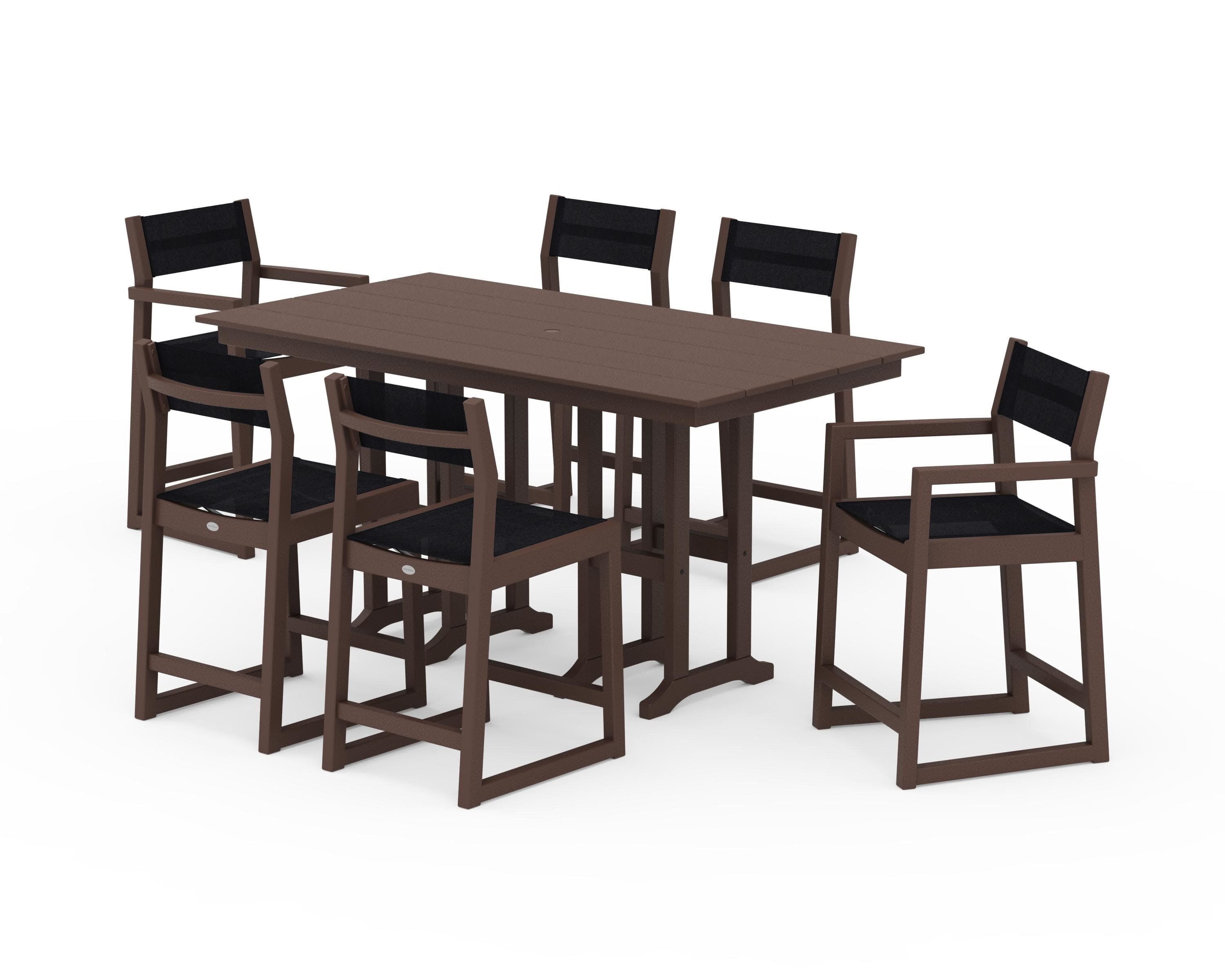 EDGE Sling 7-Piece Farmhouse Counter Set with Trestle Legs in Mahogany / Black Sling