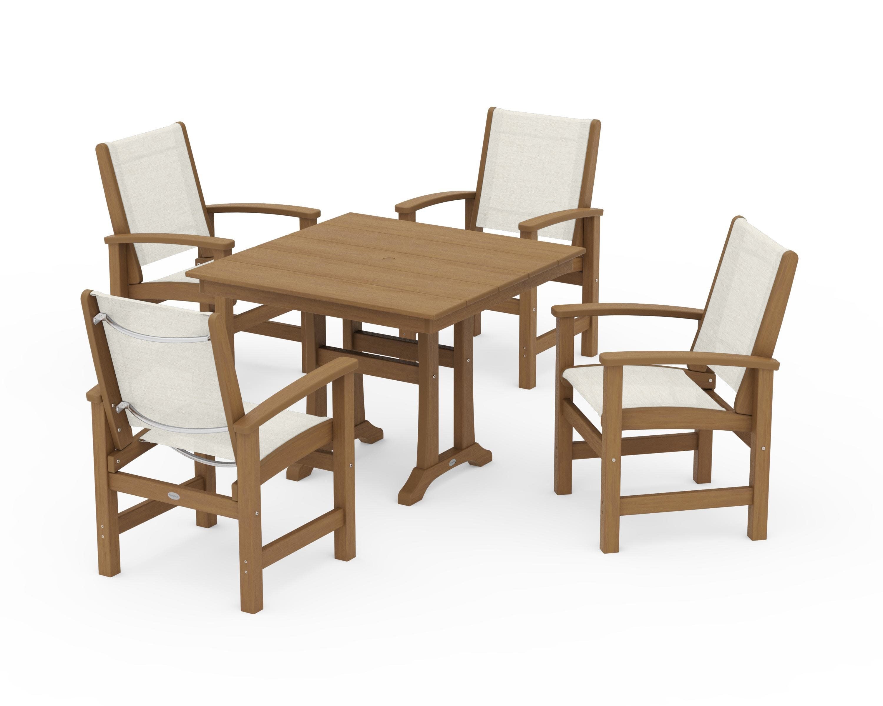 Coastal 5-Piece Farmhouse Dining Set With Trestle Legs in Natural / Parchment Sling