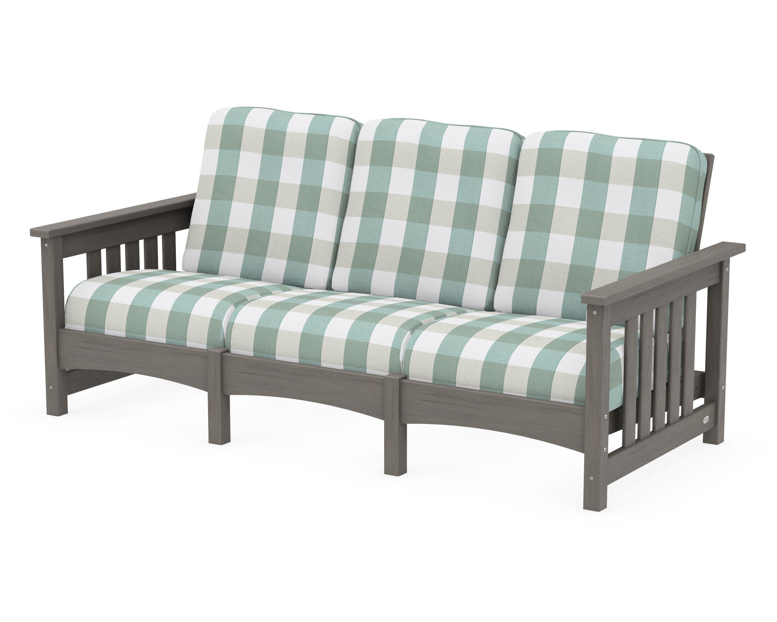 Club Mission Sofa in Driftwood / Buffalo Plaid Glacier Spa