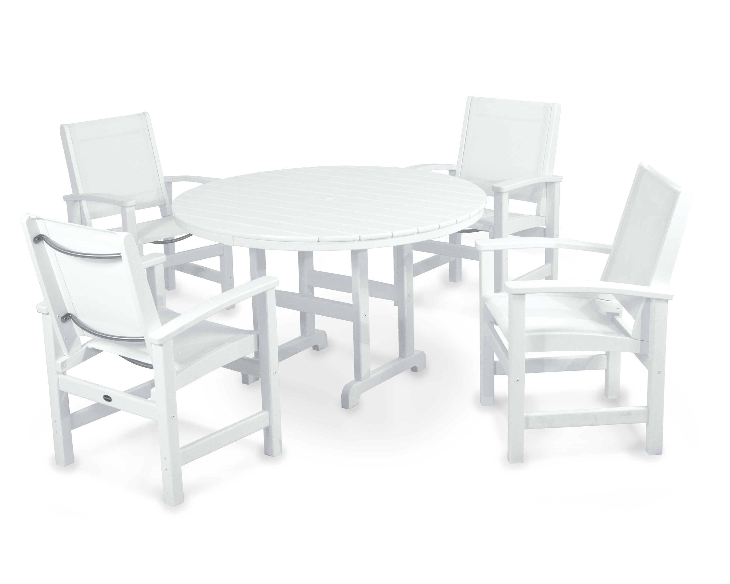 Coastal 5-Piece Round Farmhouse Dining Set in White / White Sling