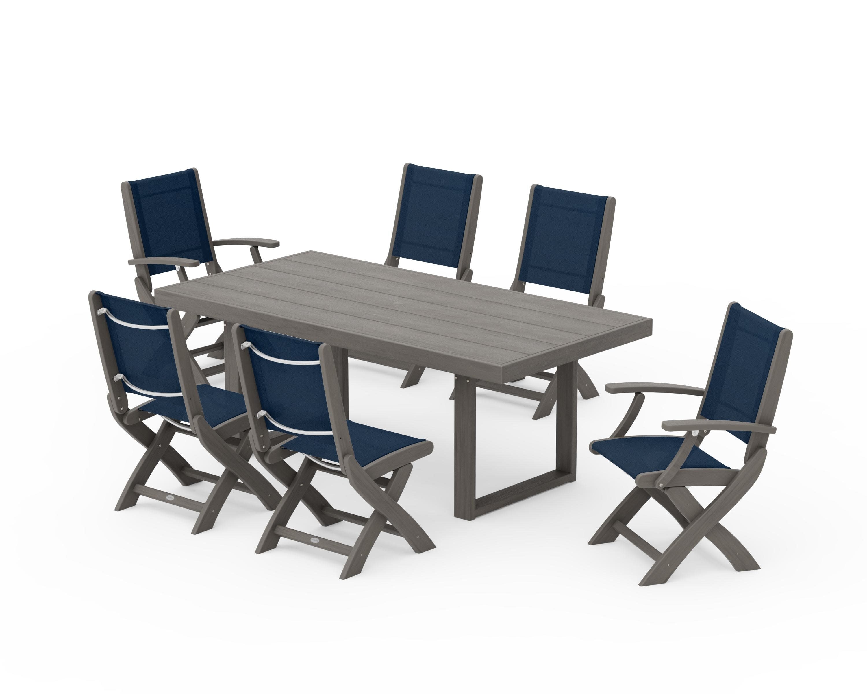 Coastal Folding Chair 7-Piece Dining Set with Trestle Legs in Driftwood / Navy Blue Sling