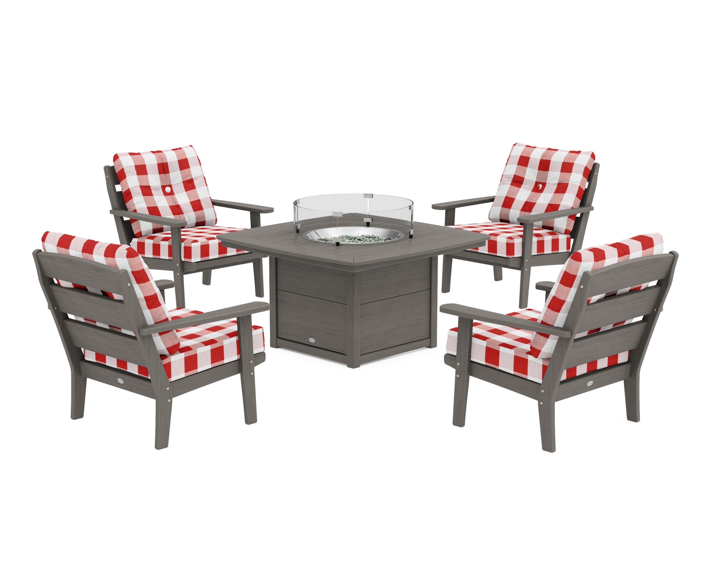 Lakeside 5-Piece Deep Seating Set with Nautical Fire Pit Table in Driftwood / Buffalo Plaid Crimson