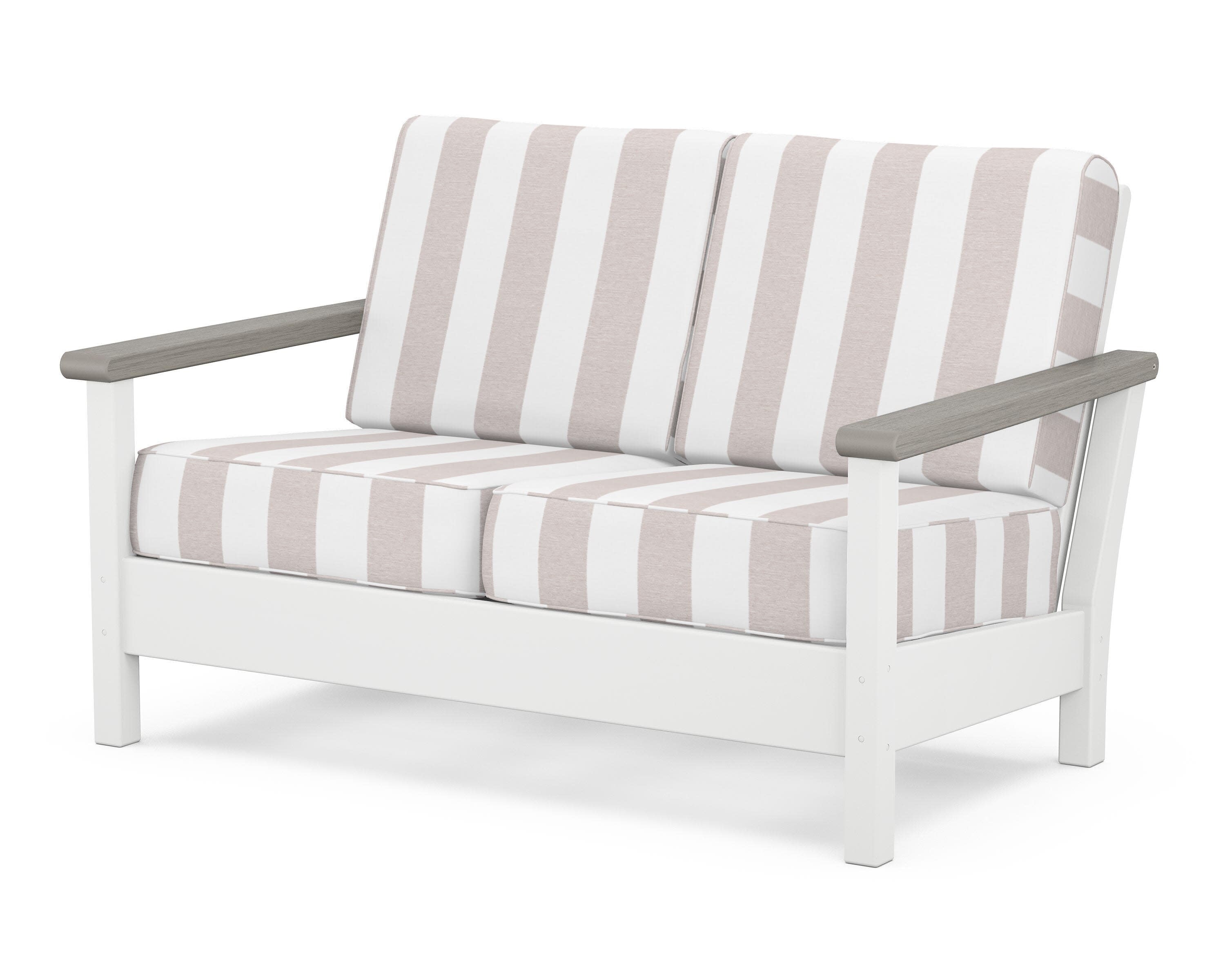 Harbour Deep Seating Loveseat in White / Driftwood / Cabana Stripe Dune Burlap