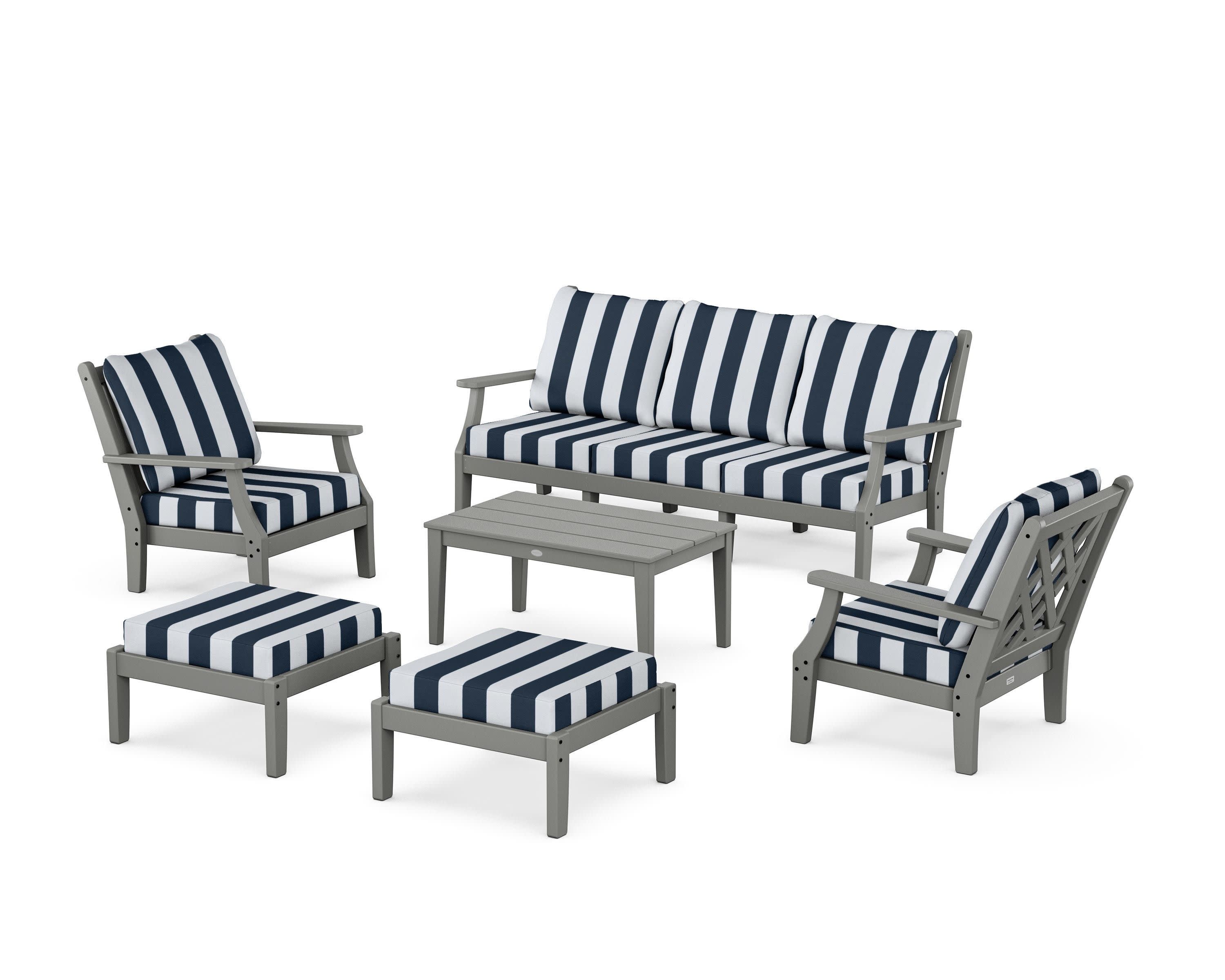 Wovendale 6-Piece Lounge Sofa Set in Slate Grey / Cabana Stripe Marine Indigo