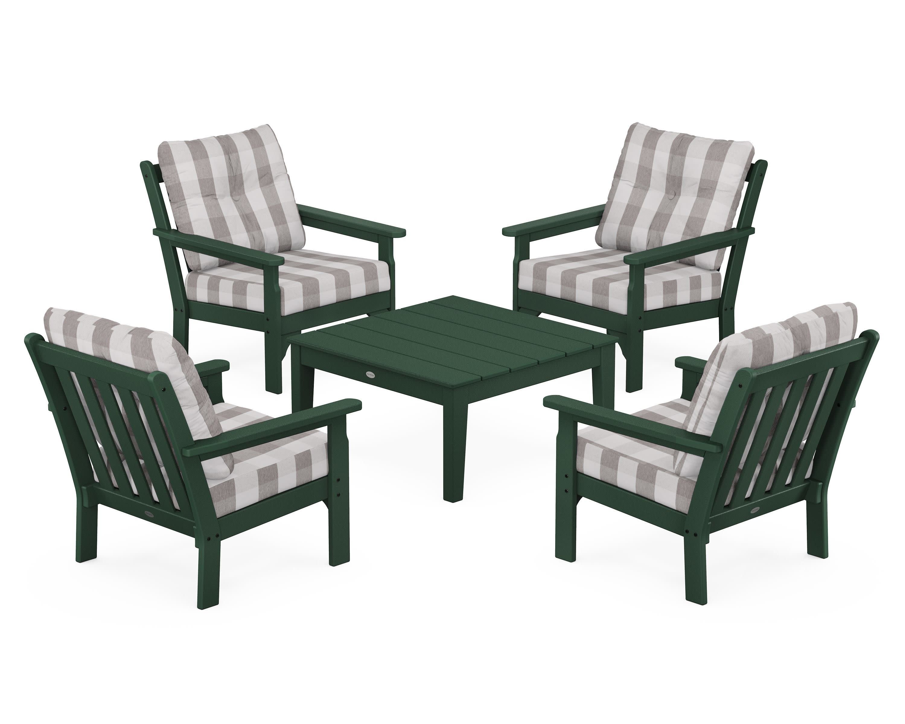 Vineyard 5-Piece Deep Seating Conversation Set in Green / Buffalo Plaid Grey Mist