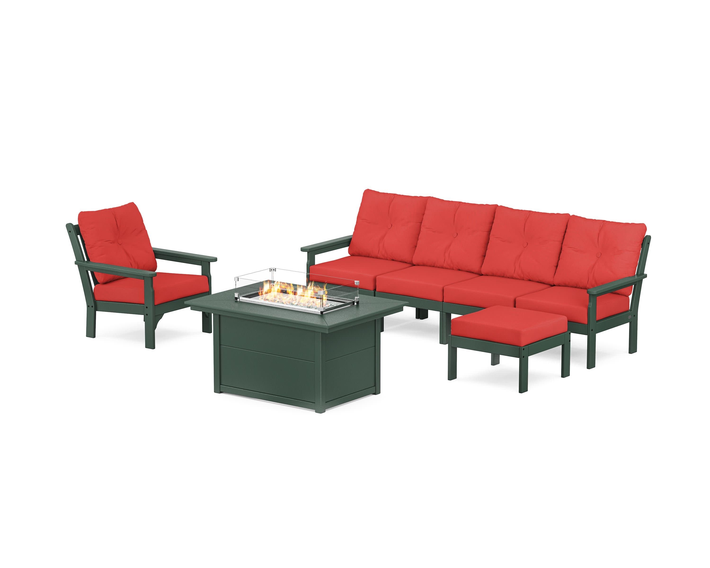 Vineyard Sectional Lounge and Fire Pit Set in Green / Crimson Linen