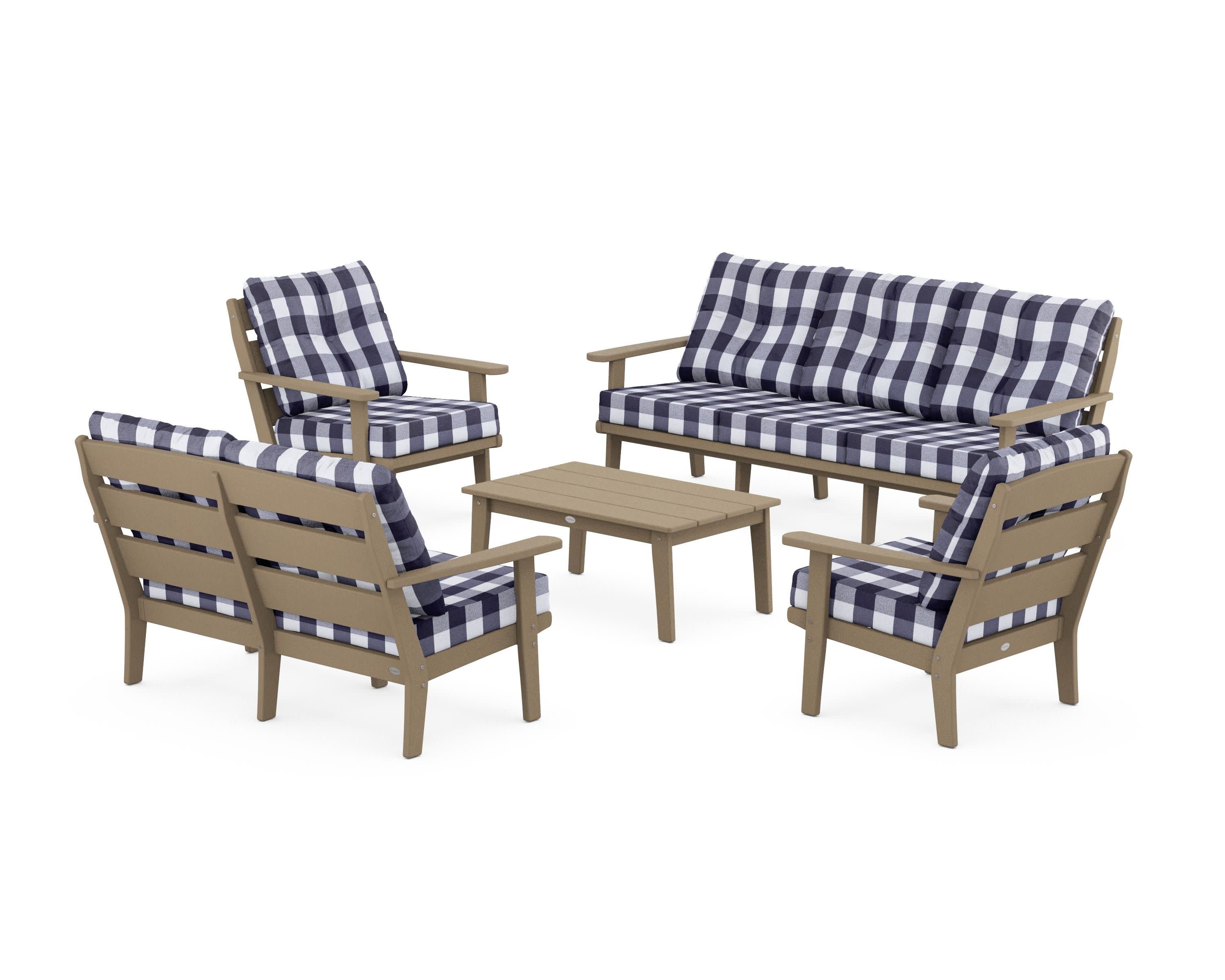 Lakeside 5-Piece Lounge Sofa Set in Vintage Sahara / Buffalo Plaid Navy