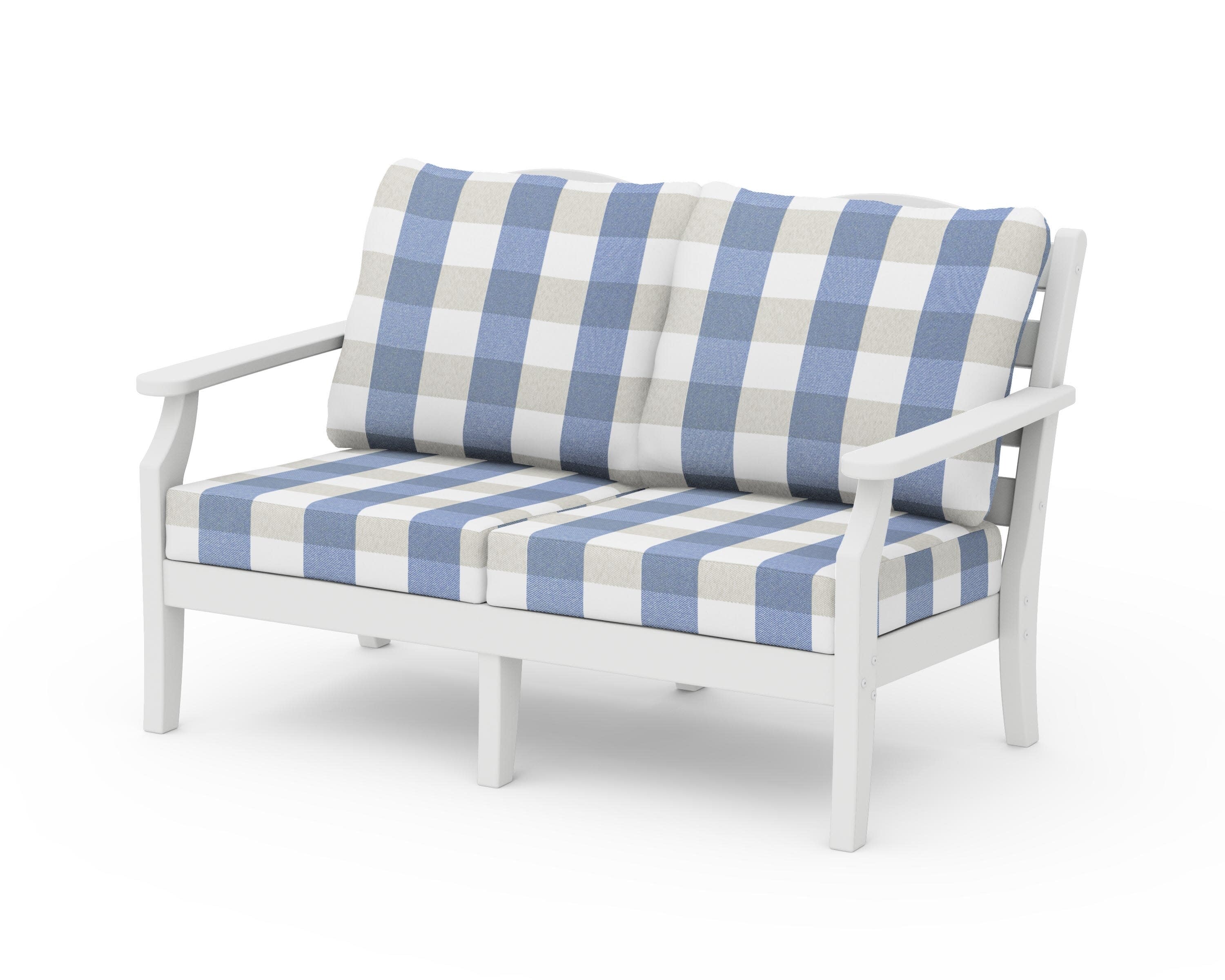 Savannah Deep Seating Loveseat in White / Buffalo Plaid Sky Blue