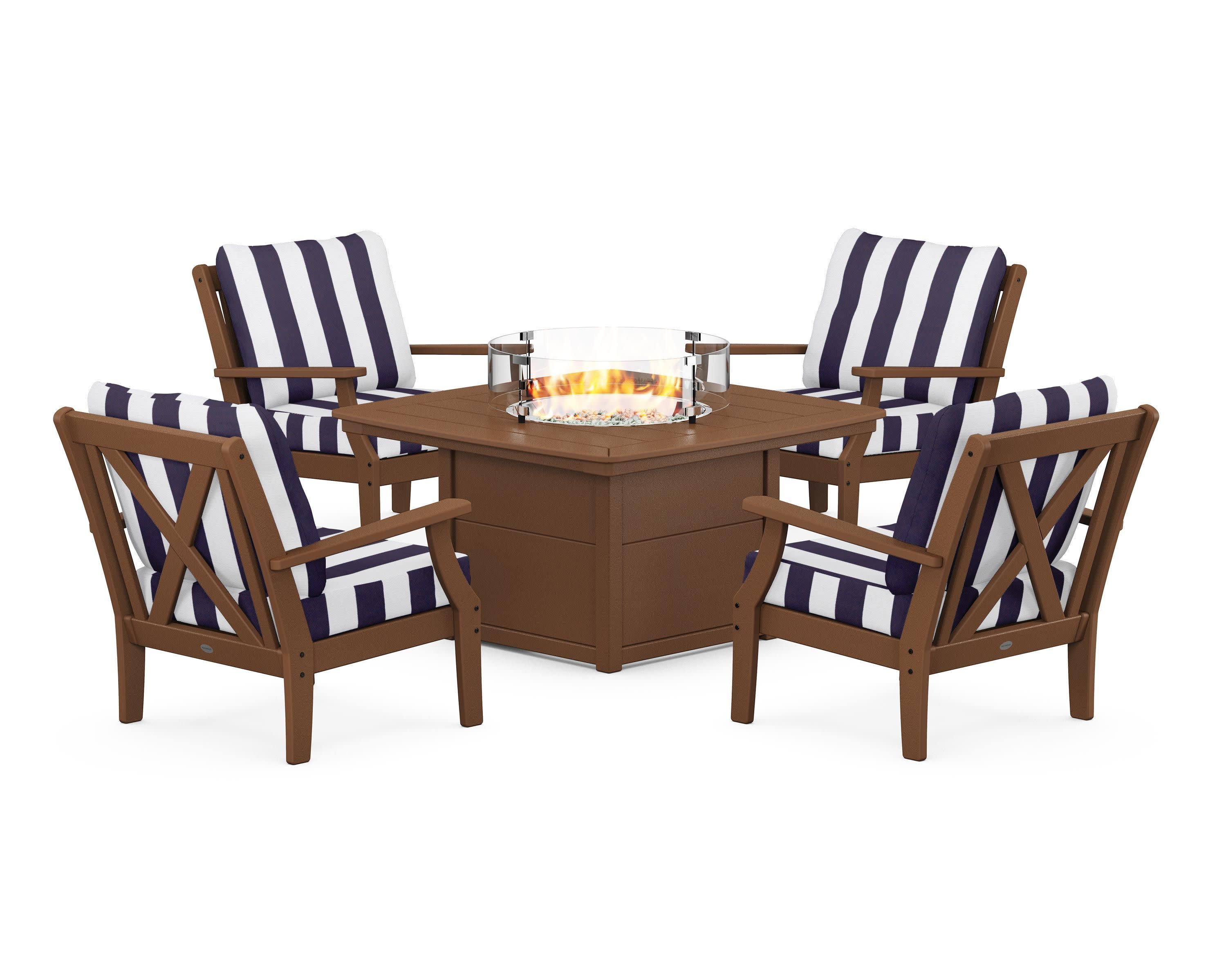 Braxton 5-Piece Deep Seating Conversation Set with Fire Pit Table in Teak / Cabana Stripe Navy