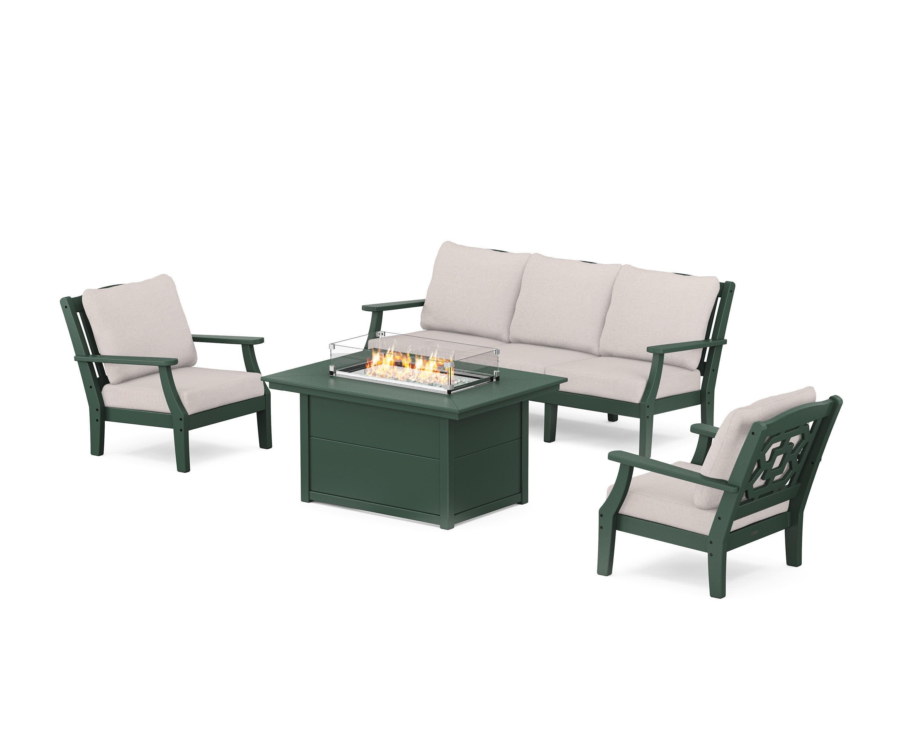 Chinoiserie Deep Seating Fire Pit Table Set in Green / Dune Burlap