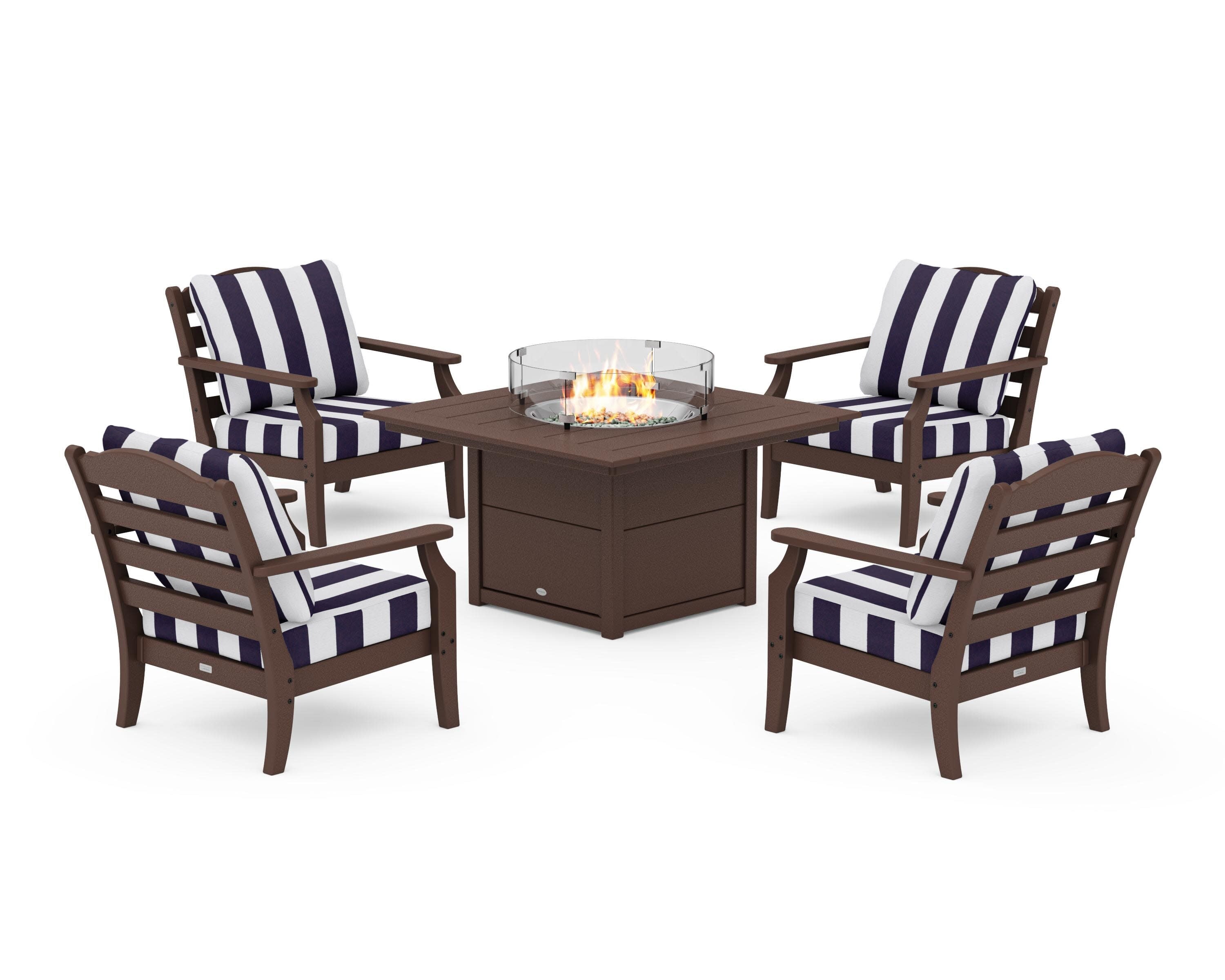 Savannah 5-Piece Deep Seating Set with Fire Pit Table in Mahogany / Cabana Stripe Navy