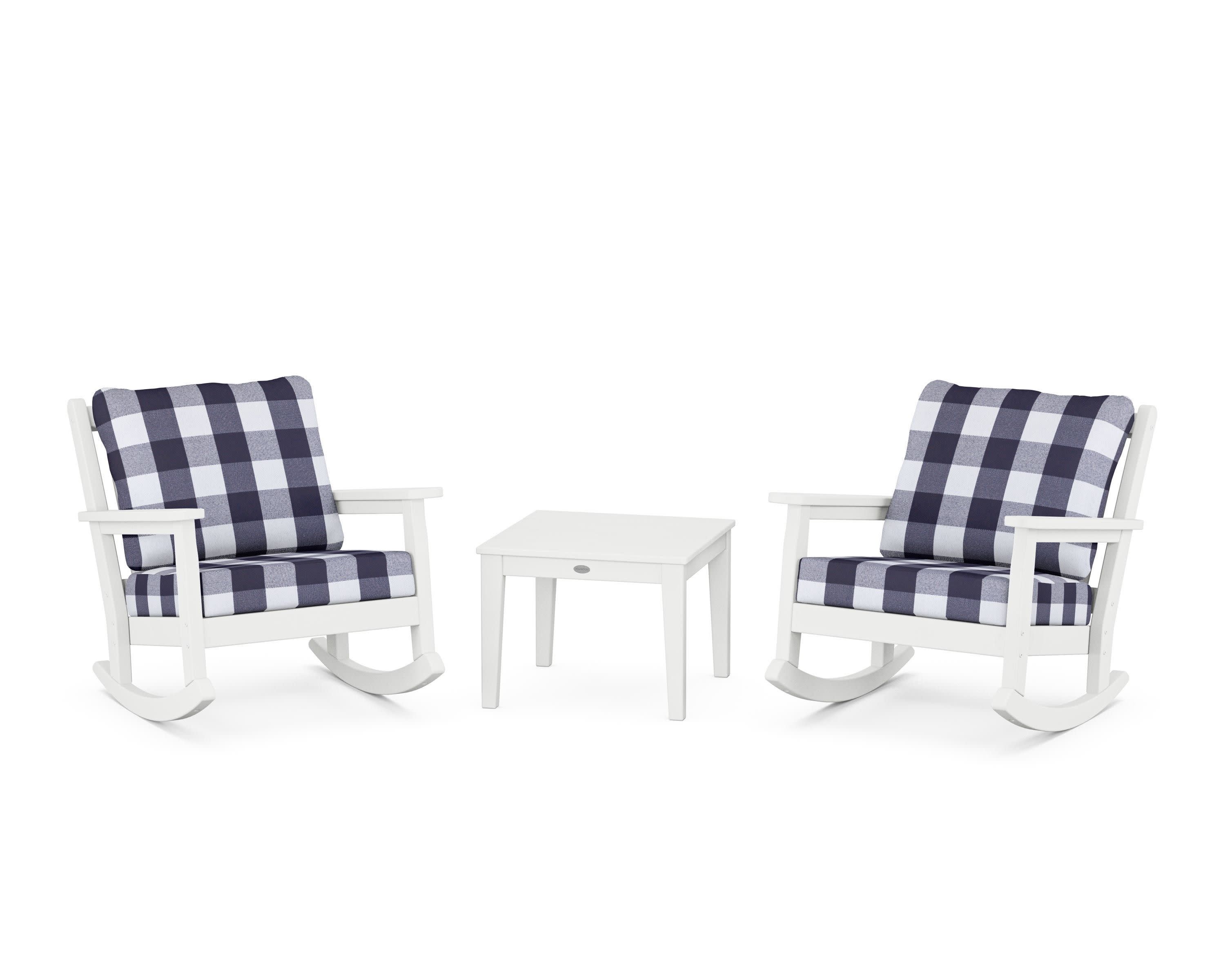 Chippendale 3-Piece Deep Seating Rocker Set in White / Buffalo Plaid Navy