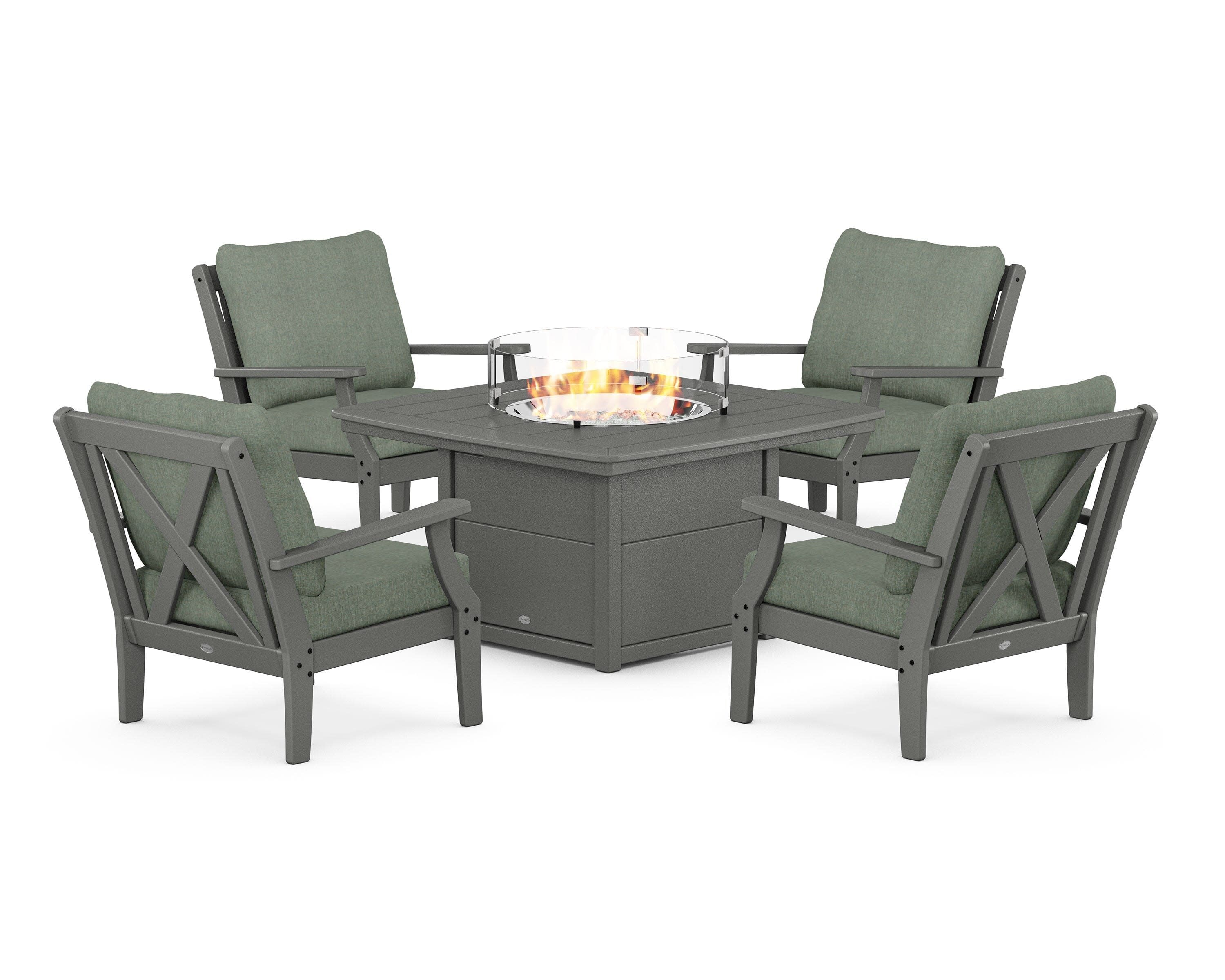 Braxton 5-Piece Deep Seating Conversation Set with Fire Pit Table in Slate Grey / Cast Sage