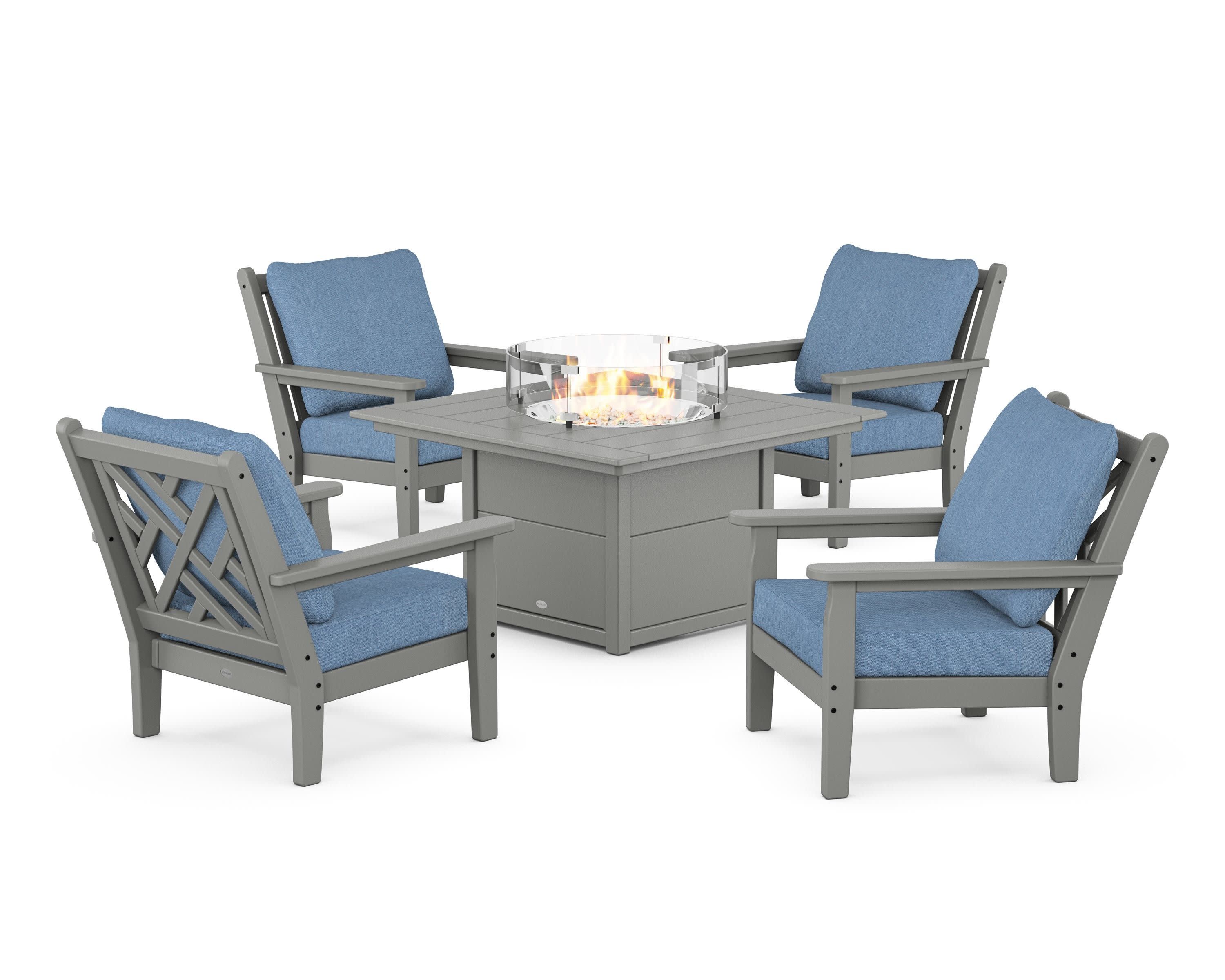 Chippendale 5-Piece Deep Seating Set with Fire Pit Table in Slate Grey / Sky Blue