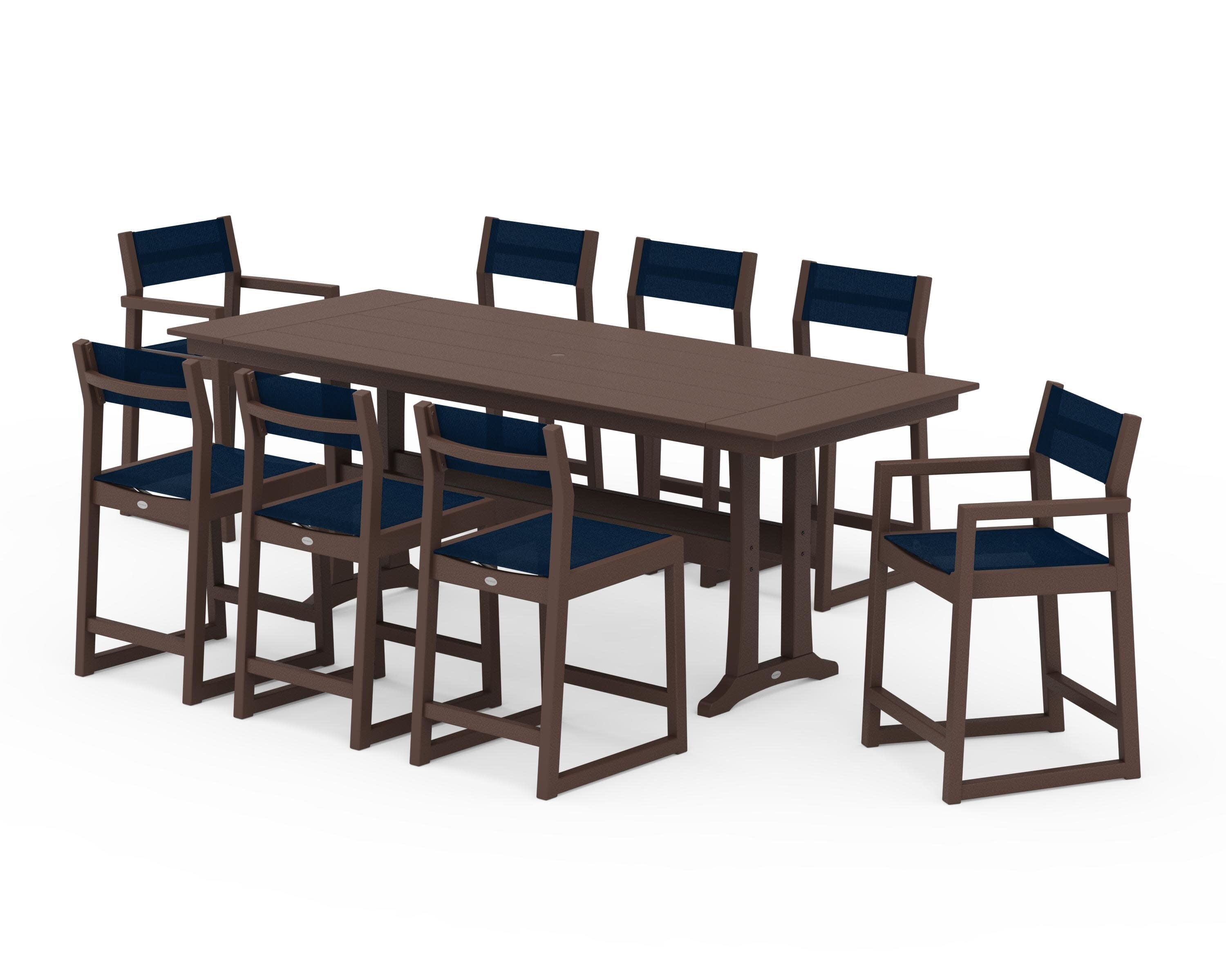 EDGE Sling 9-Piece Farmhouse Counter Set with Trestle Legs in Mahogany / Navy Blue Sling
