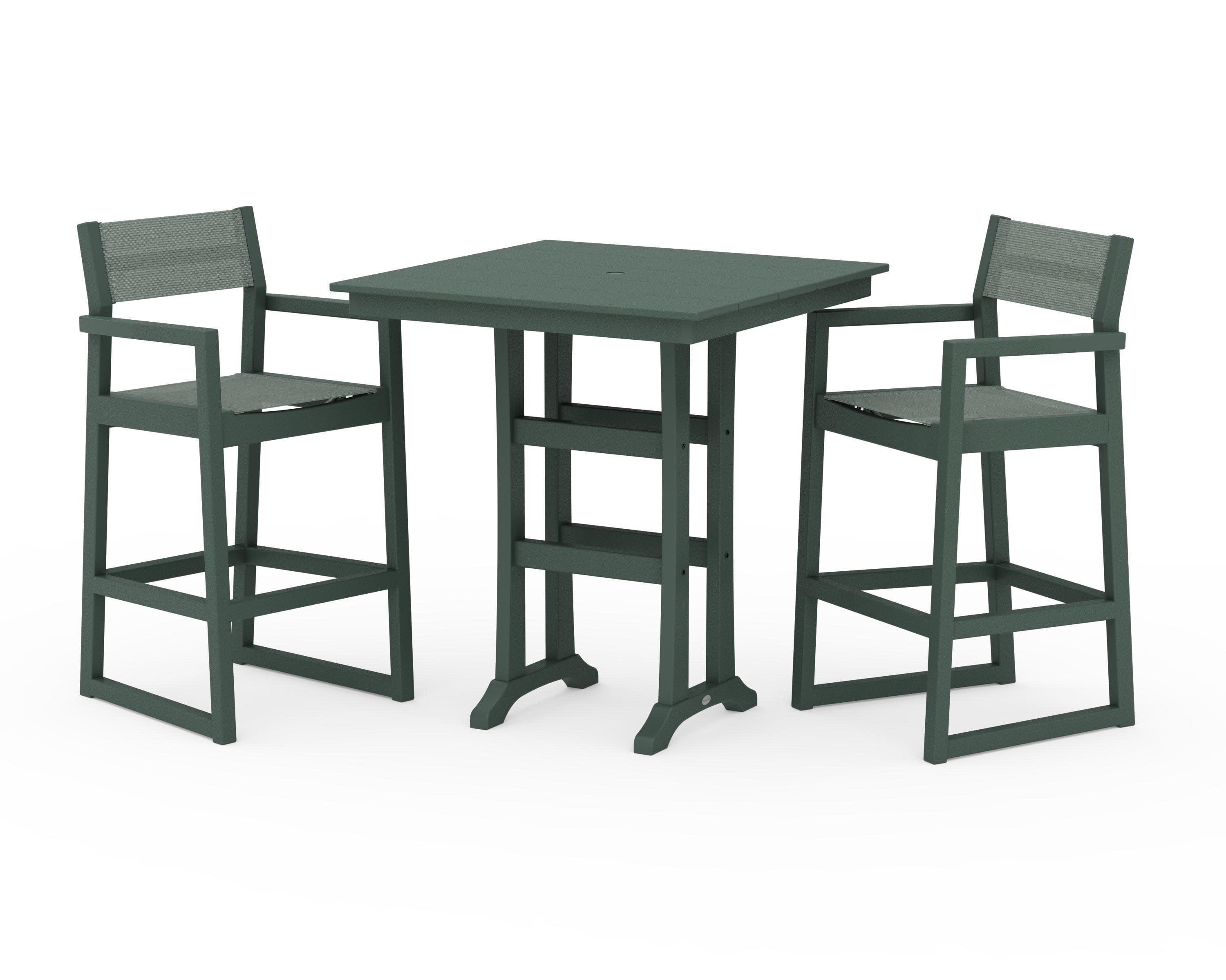 EDGE Sling Arm Chair 3-Piece Farmhouse Bar Set with Trestle Legs in Green / Dupioni Sea Mist Sling