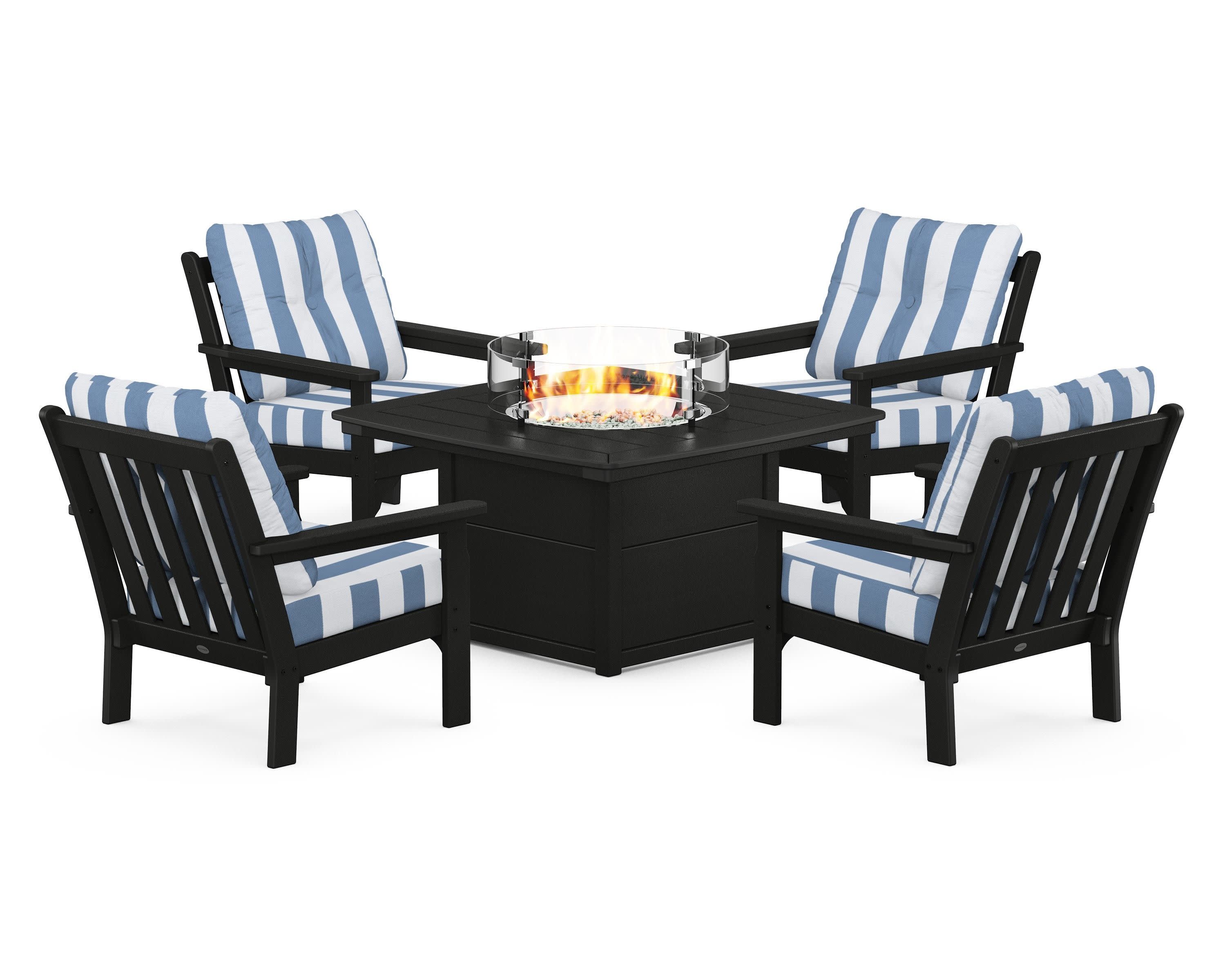 Vineyard 5-Piece Conversation Set with Fire Pit Table in Black / Cabana Stripe Sky Blue