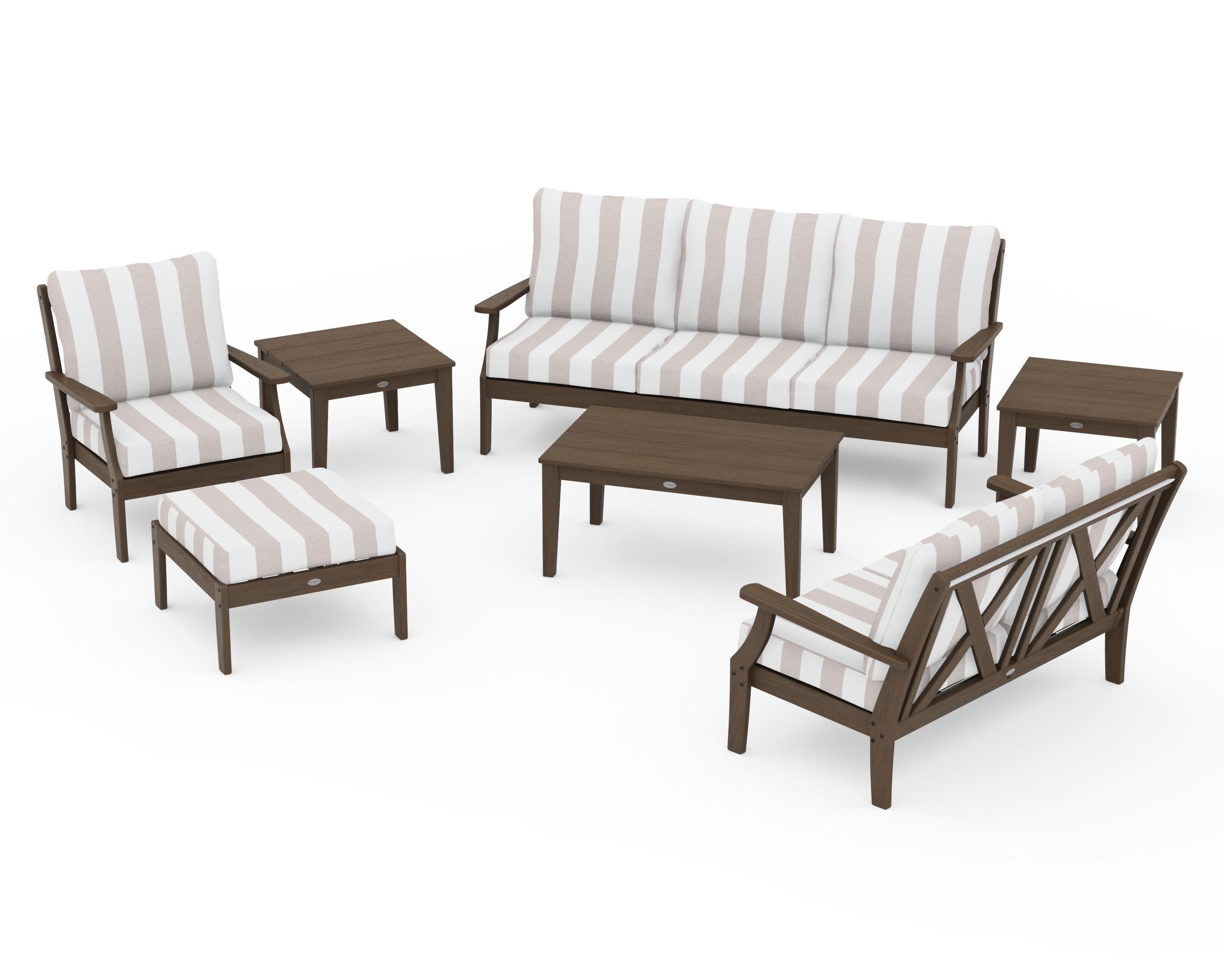 Braxton 7-Piece Deep Seating Set in Kona / Cabana Stripe Dune Burlap