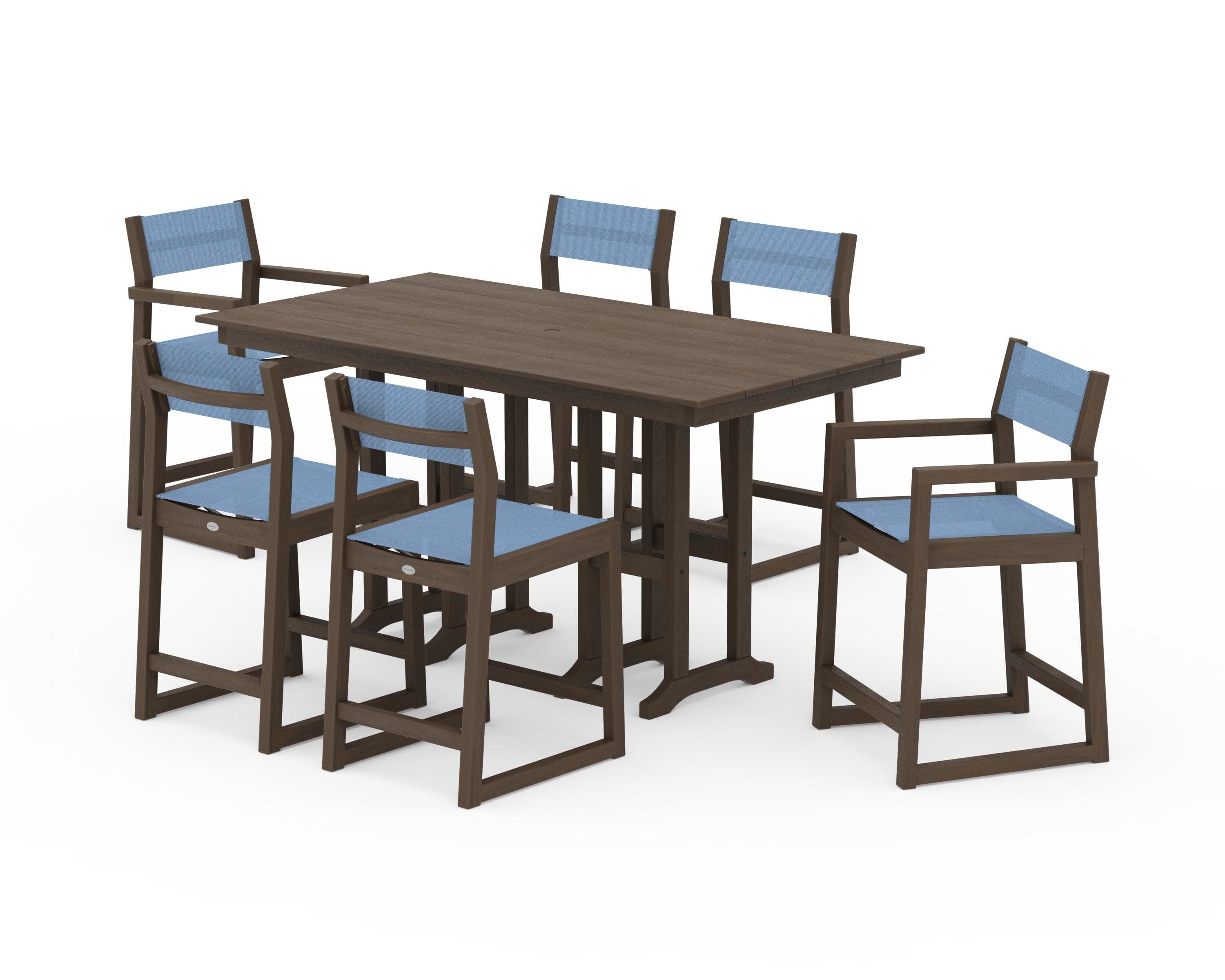 EDGE Sling 7-Piece Farmhouse Counter Set with Trestle Legs in Kona / Poolside Sling