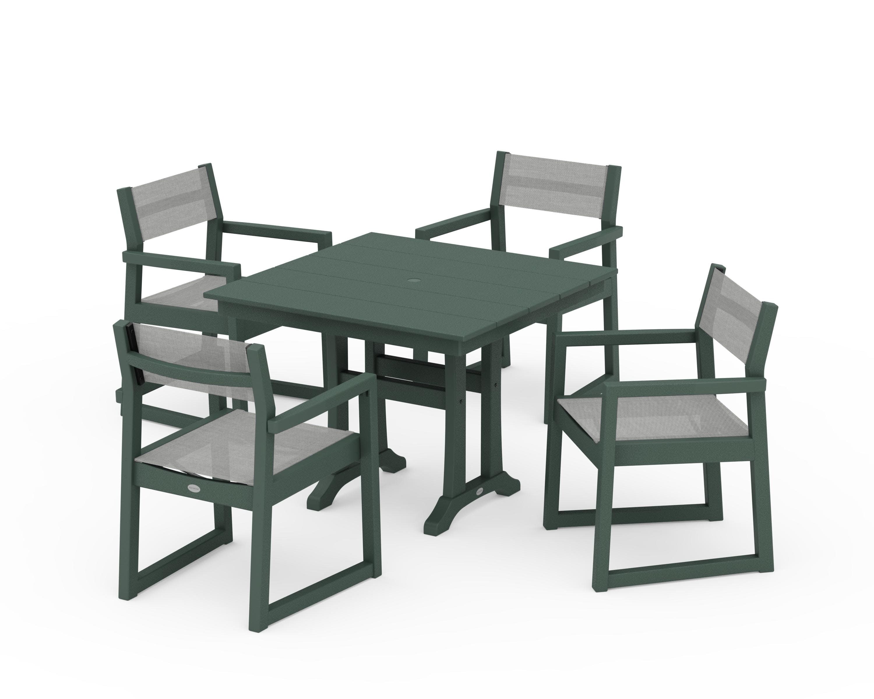 EDGE Sling 5-Piece Farmhouse Dining Set with Trestle Legs in Green / Metallic Sling