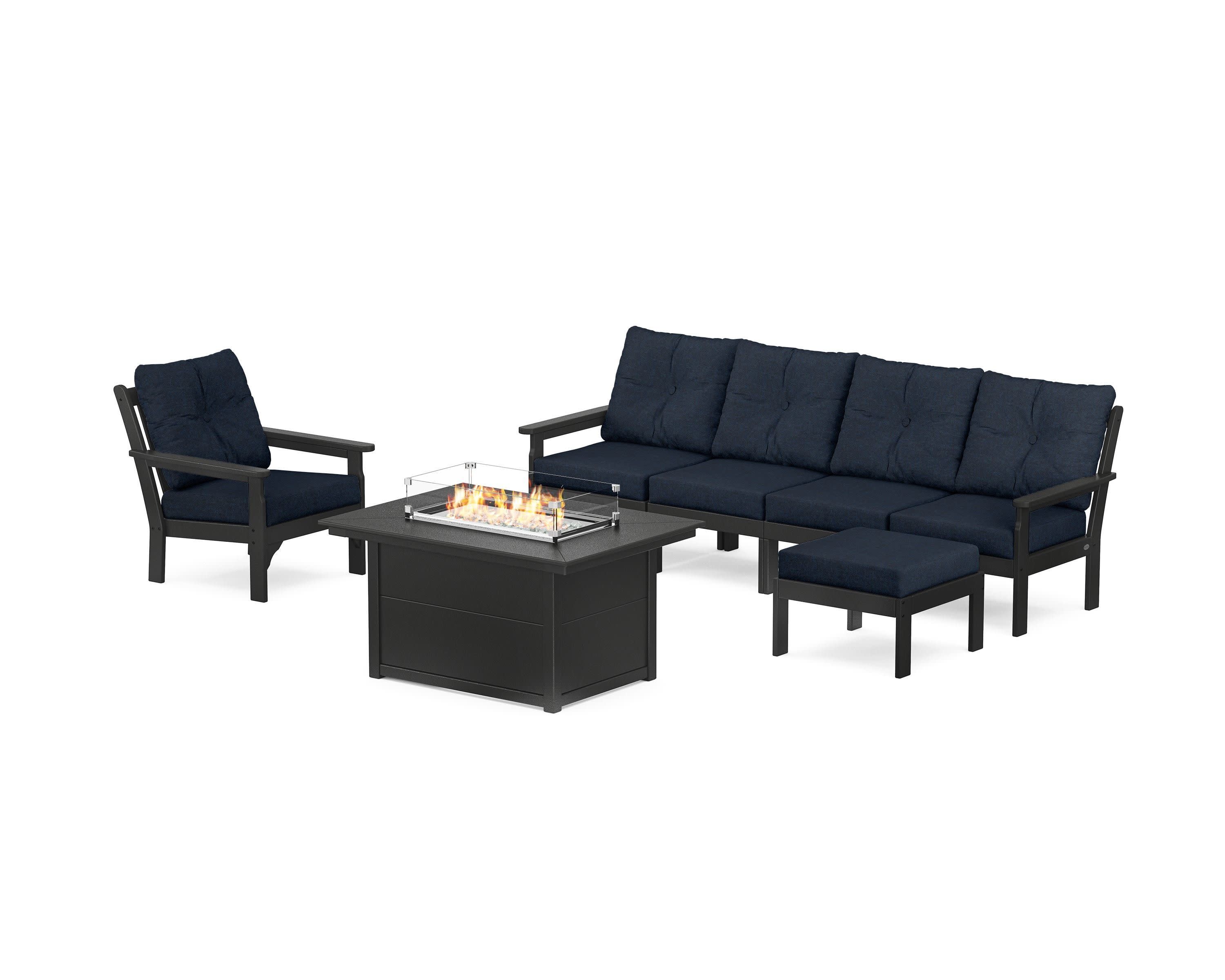 Vineyard Sectional Lounge and Fire Pit Set in Black / Marine Indigo
