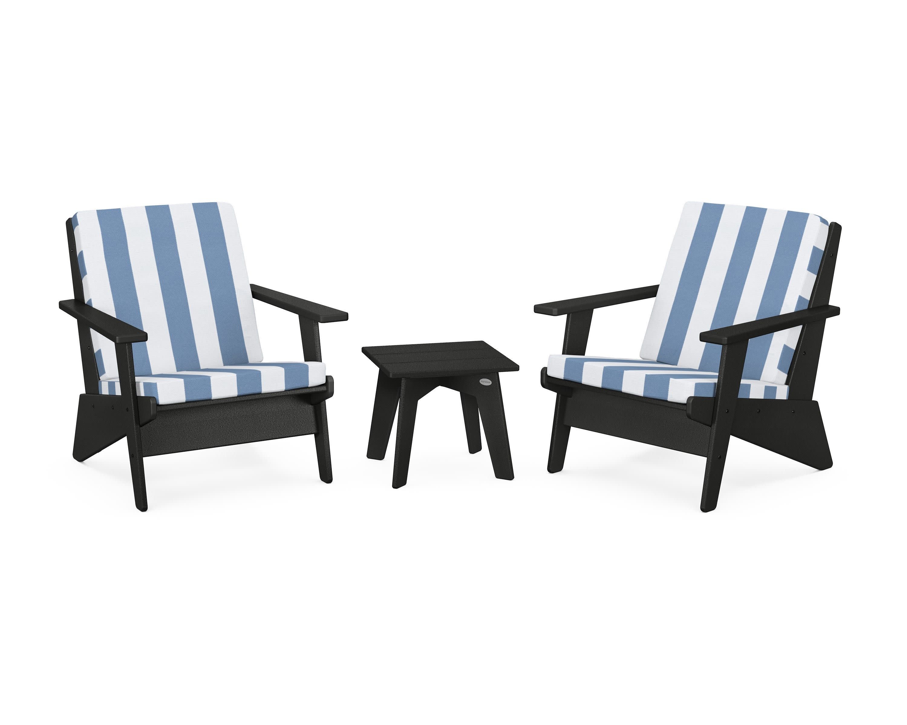 Riviera Modern Lounge 3-Piece Set in Black / Cabana Stripe Sky Blue