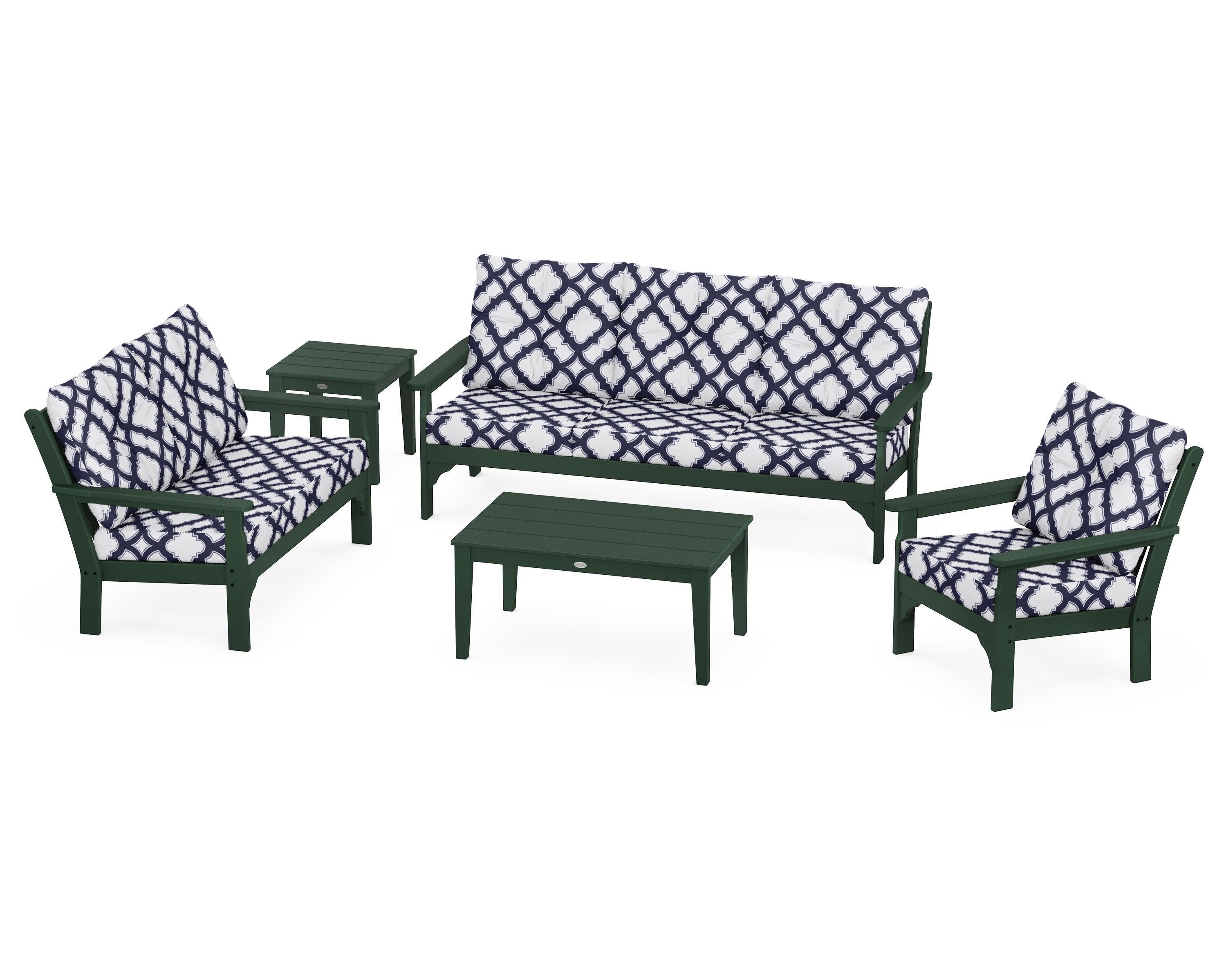 Vineyard 5 Piece Deep Seating Set in Green / Trellis Navy