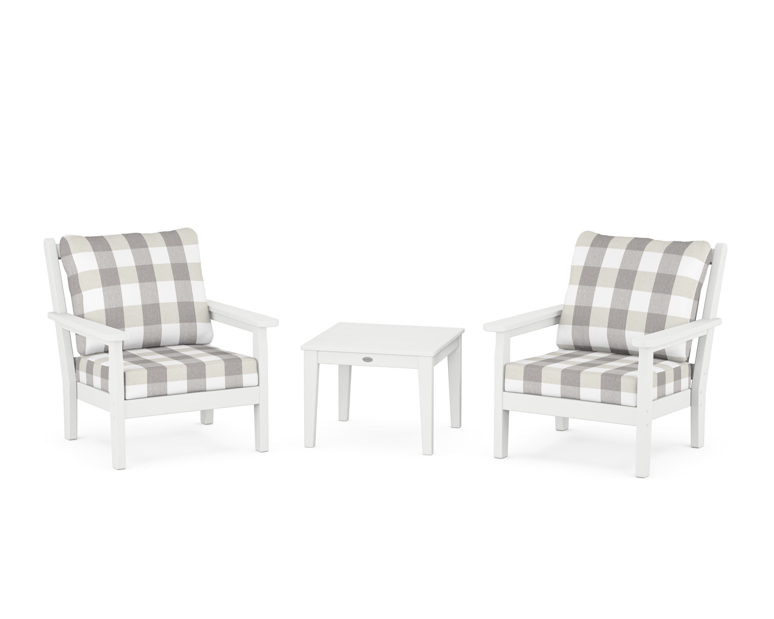 Chippendale 3-Piece Deep Seating Set in White / Buffalo Plaid Grey Mist