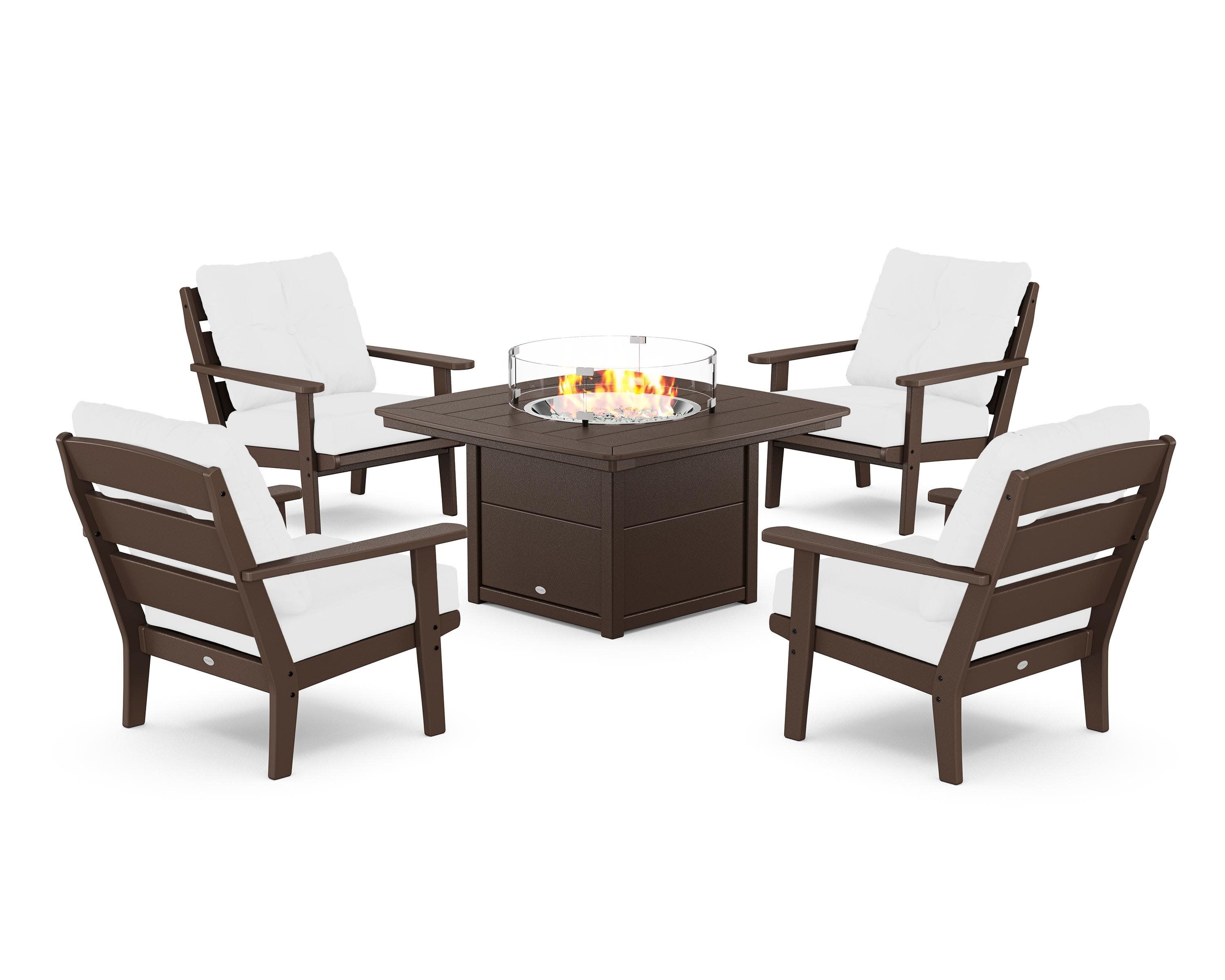 Lakeside 5-Piece Deep Seating Set with Nautical Fire Pit Table in Mahogany / Natural