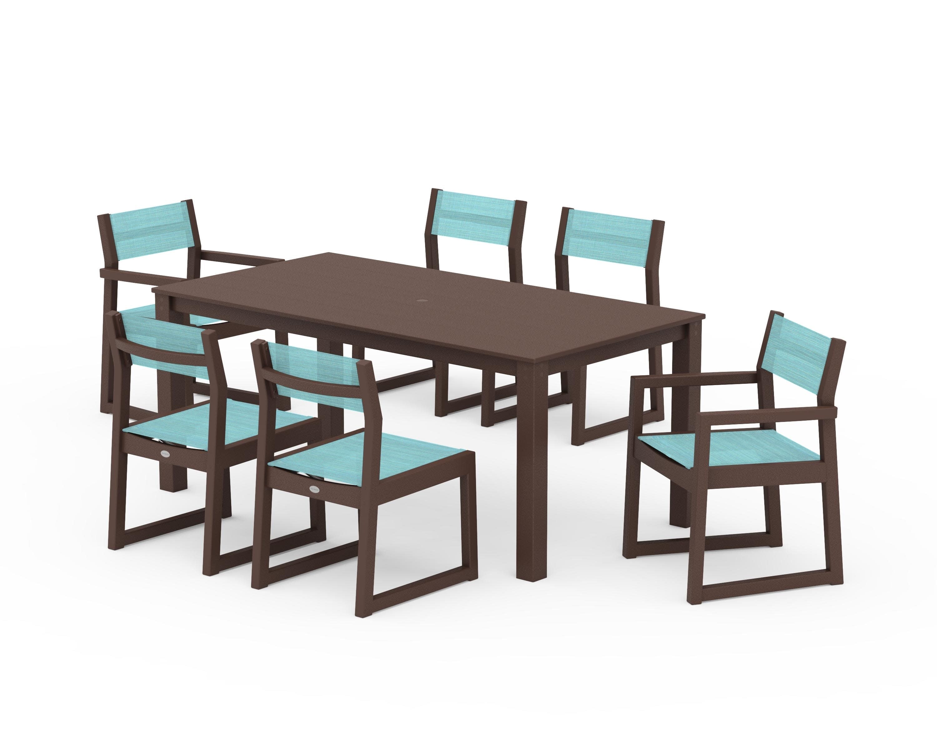 EDGE Sling 7-Piece Parsons Dining Set in Mahogany / Dupioni Aquamarine Sling
