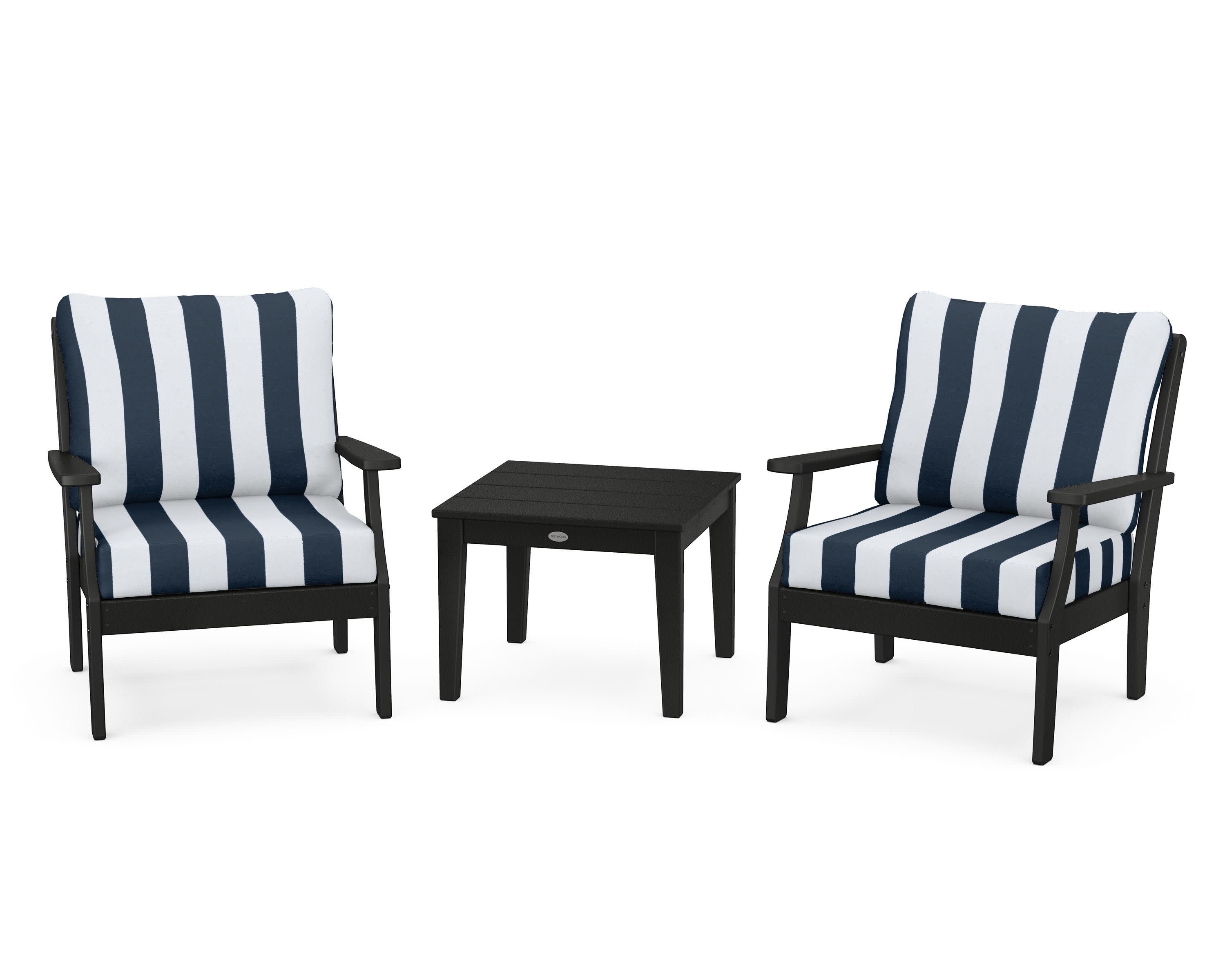 Braxton 3-Piece Deep Seating Set in Black / Cabana Stripe Marine Indigo
