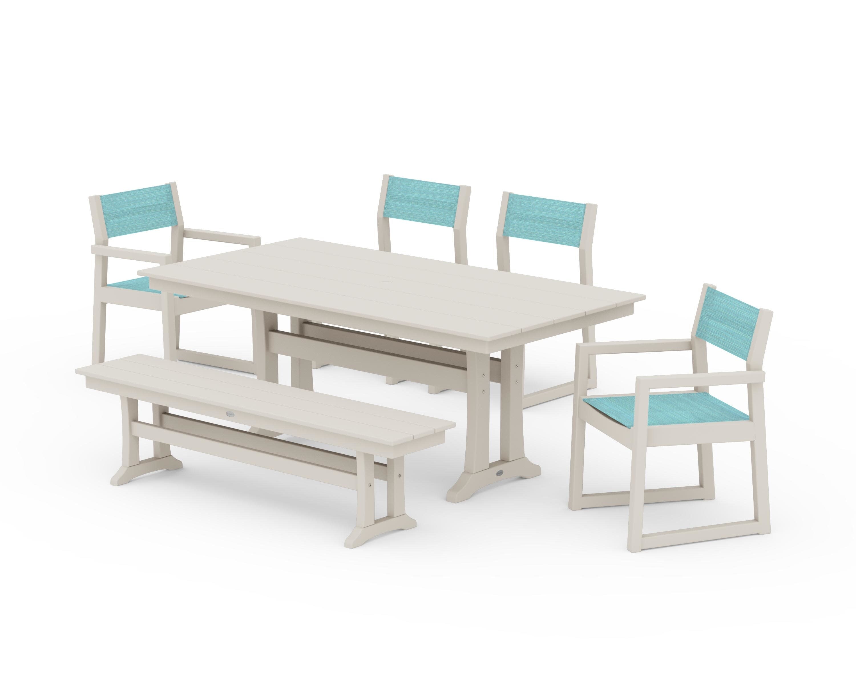 EDGE Sling 6-Piece Farmhouse Dining Set With Trestle Legs in Sand / Dupioni Aquamarine Sling