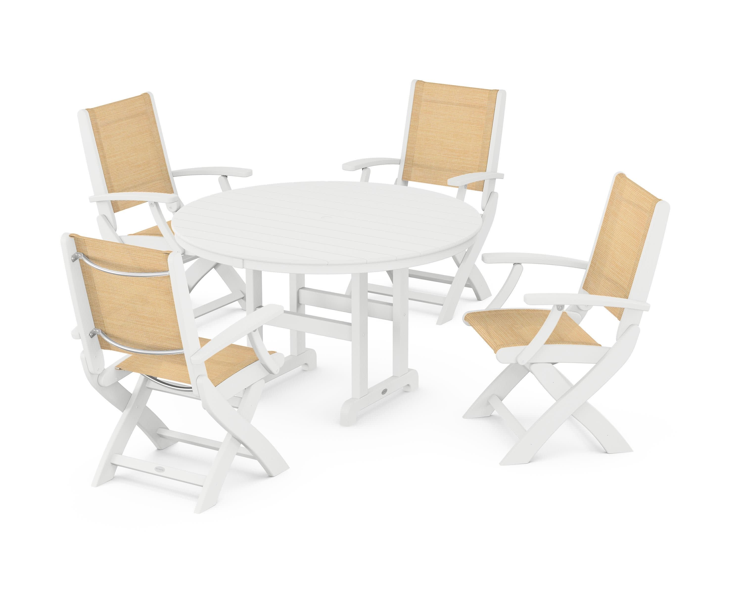 Coastal Folding Chair 5-Piece Round Dining Set in White / Dupioni Apricot Sling
