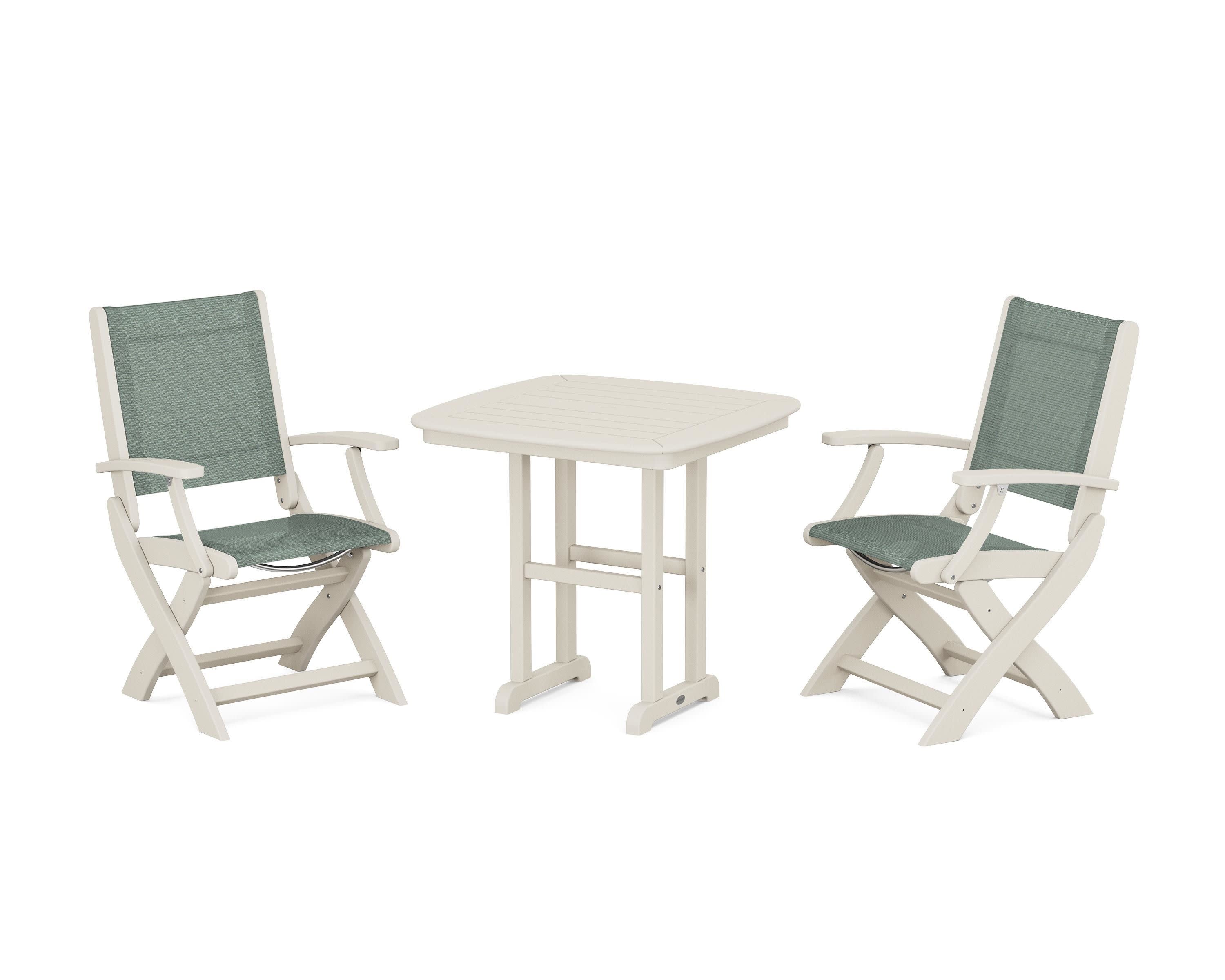 Coastal Folding Chair 3-Piece Dining Set in Sand / Dupioni Sea Mist Sling