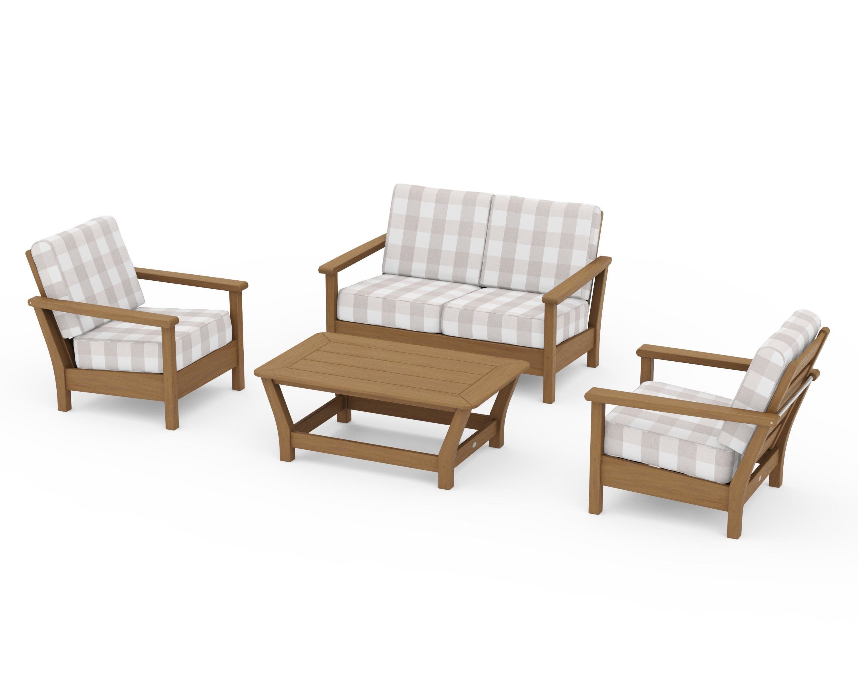 Harbour 4-Piece Deep Seating Set in Natural / Buffalo Plaid Dune Burlap