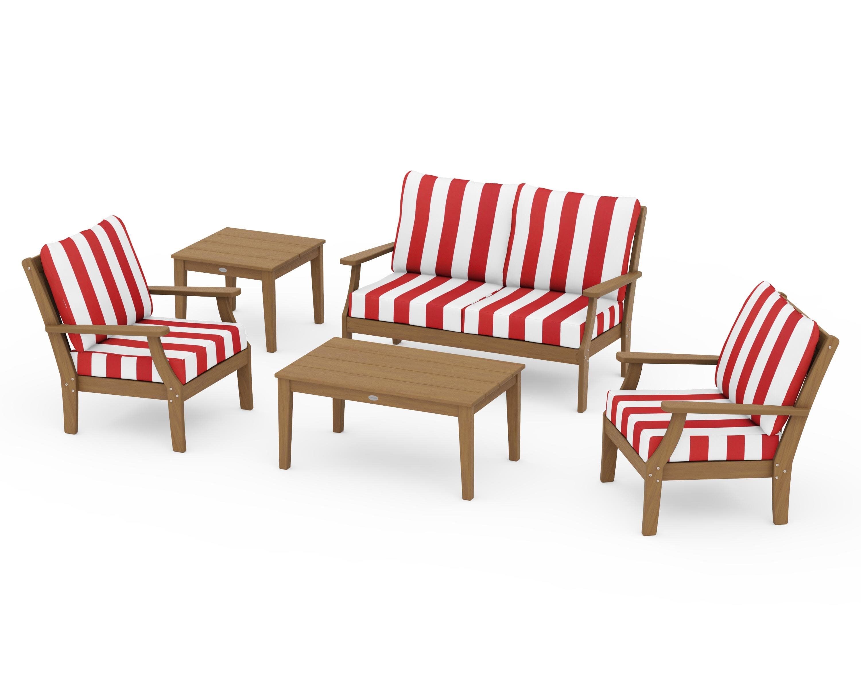 Braxton 5-Piece Deep Seating Set in Natural / Cabana Stripe Crimson