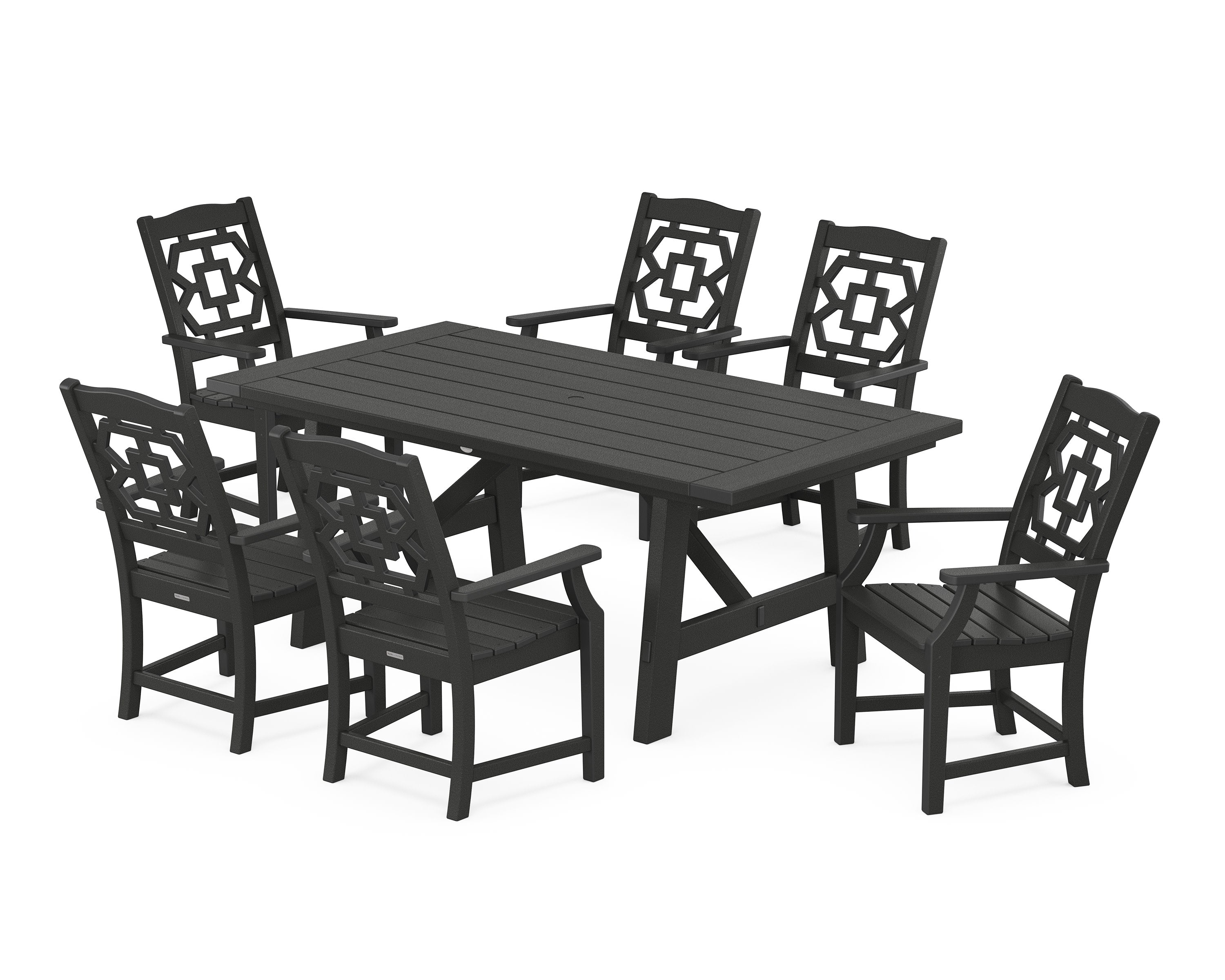 Chinoiserie Arm Chair 7-Piece Rustic Farmhouse Dining Set in Black