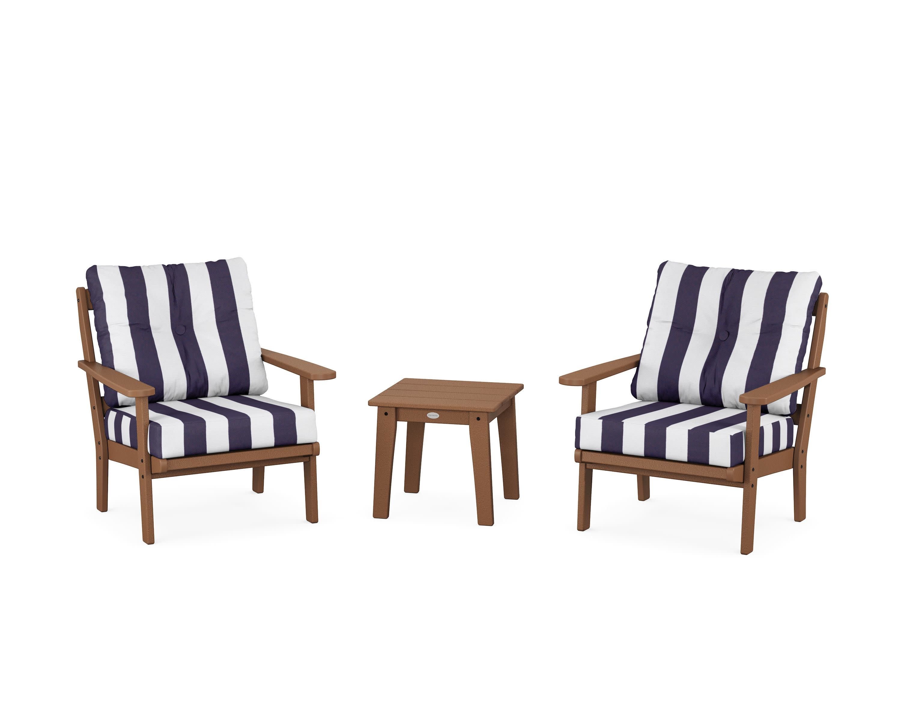 Mission 3-Piece Deep Seating Set in Teak / Cabana Stripe Navy