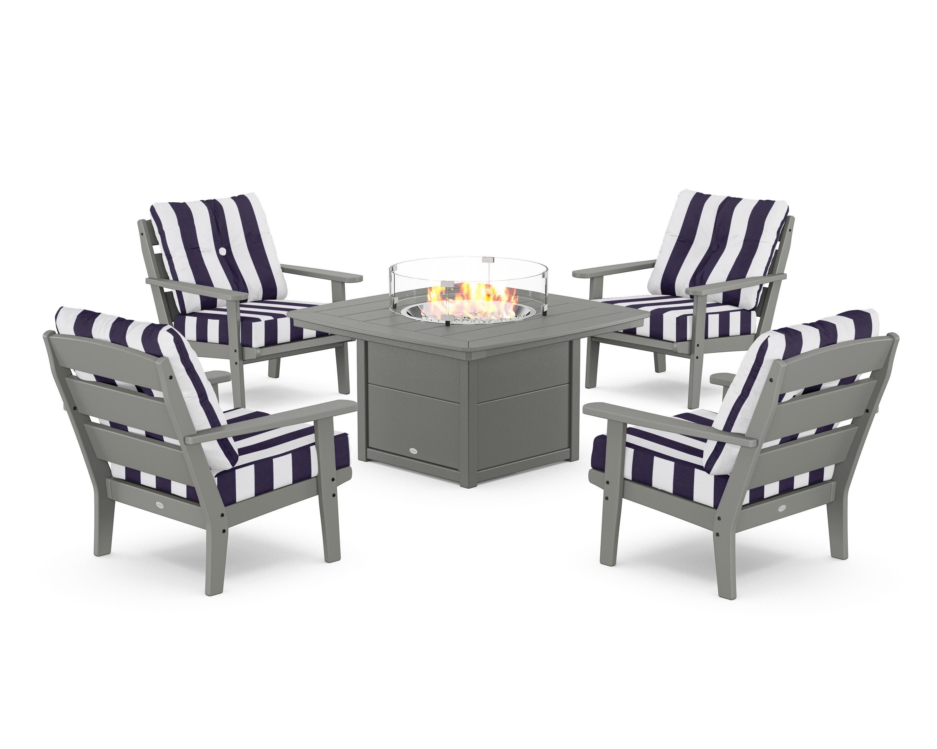 Lakeside 5-Piece Deep Seating Set with Nautical Fire Pit Table in Slate Grey / Cabana Stripe Navy