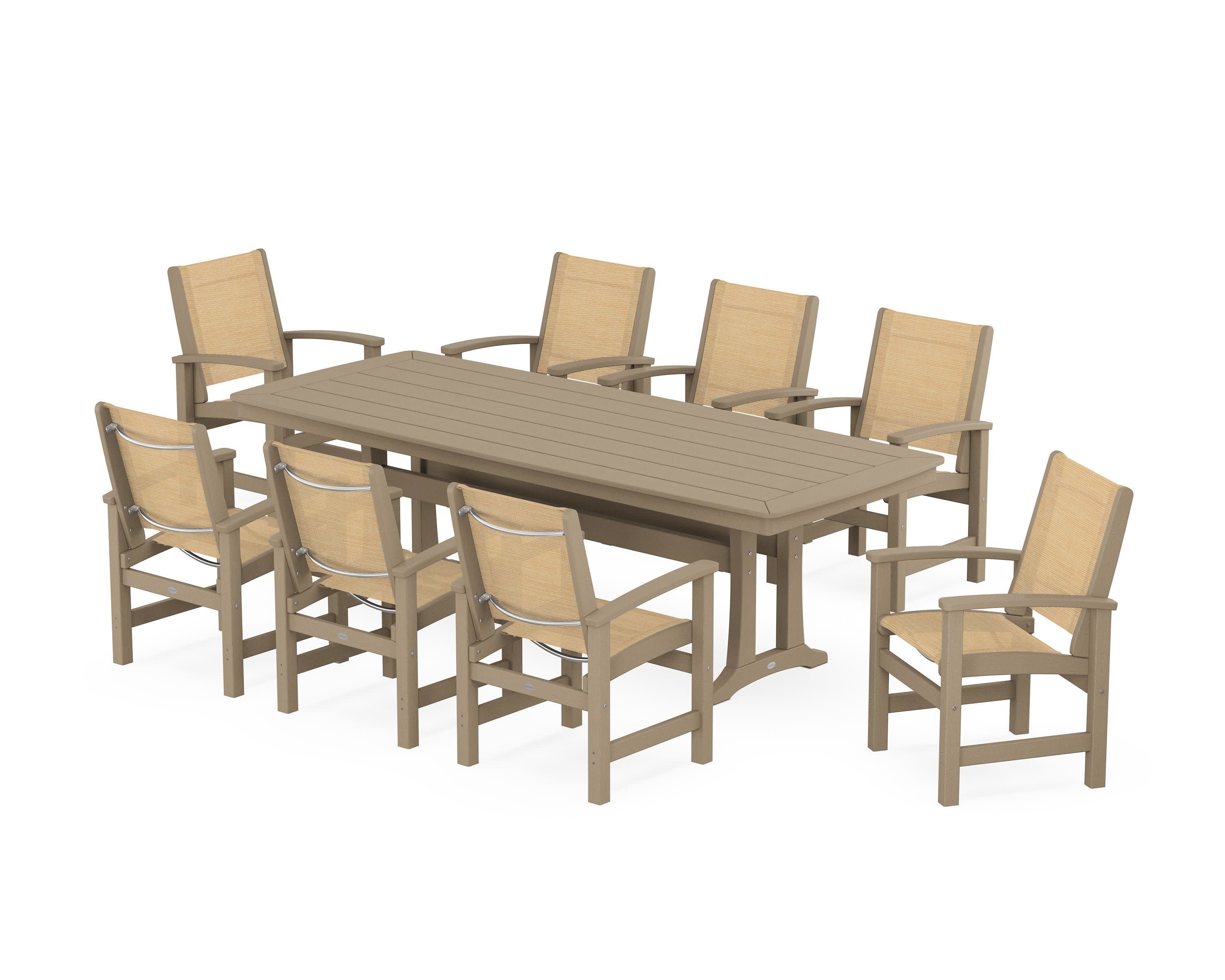Coastal 9-Piece Dining Set with Trestle Legs in Vintage Sahara / Dupioni Apricot Sling
