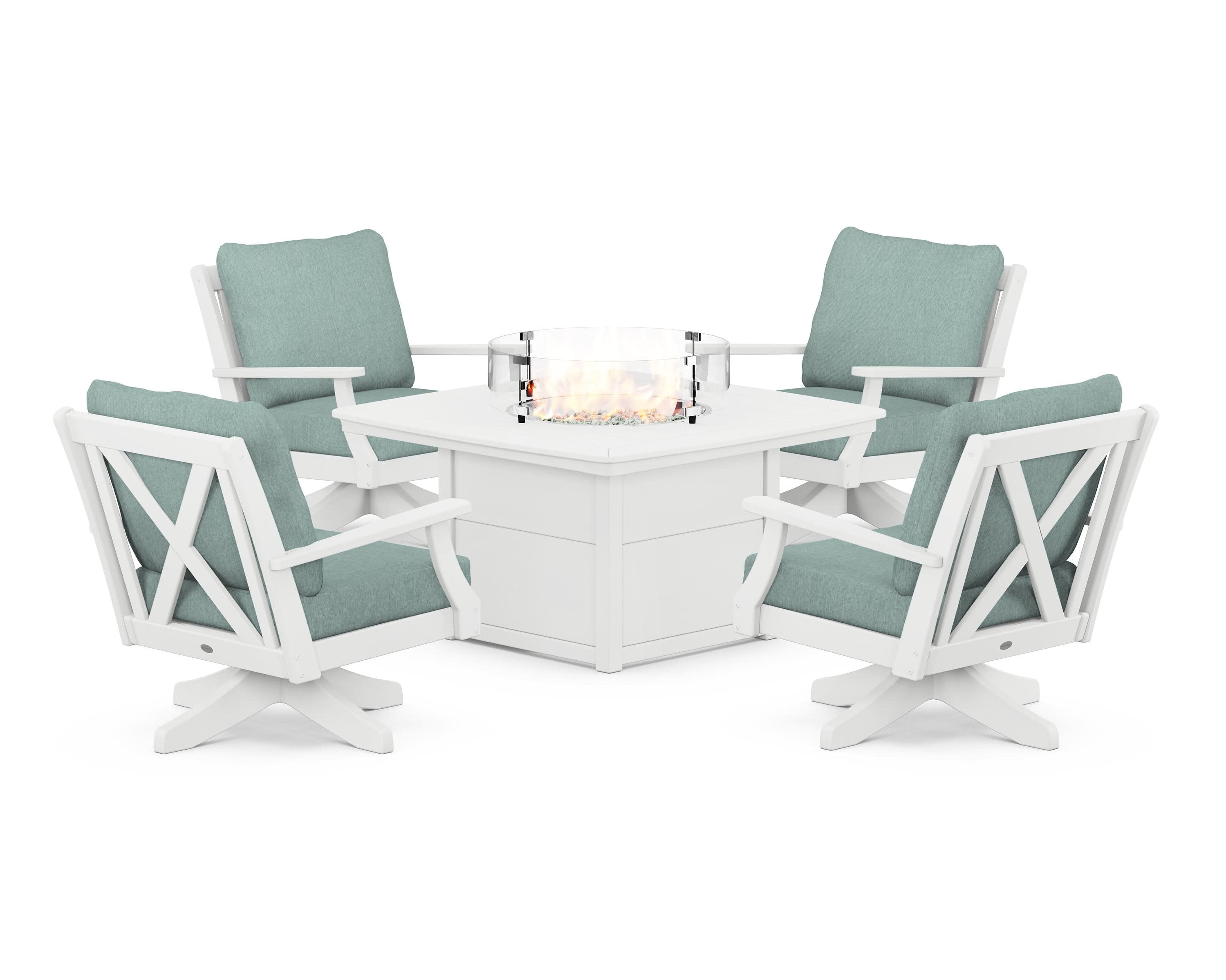 Braxton 5-Piece Deep Seating Swivel Conversation Set with Fire Pit Table in White / Glacier Spa