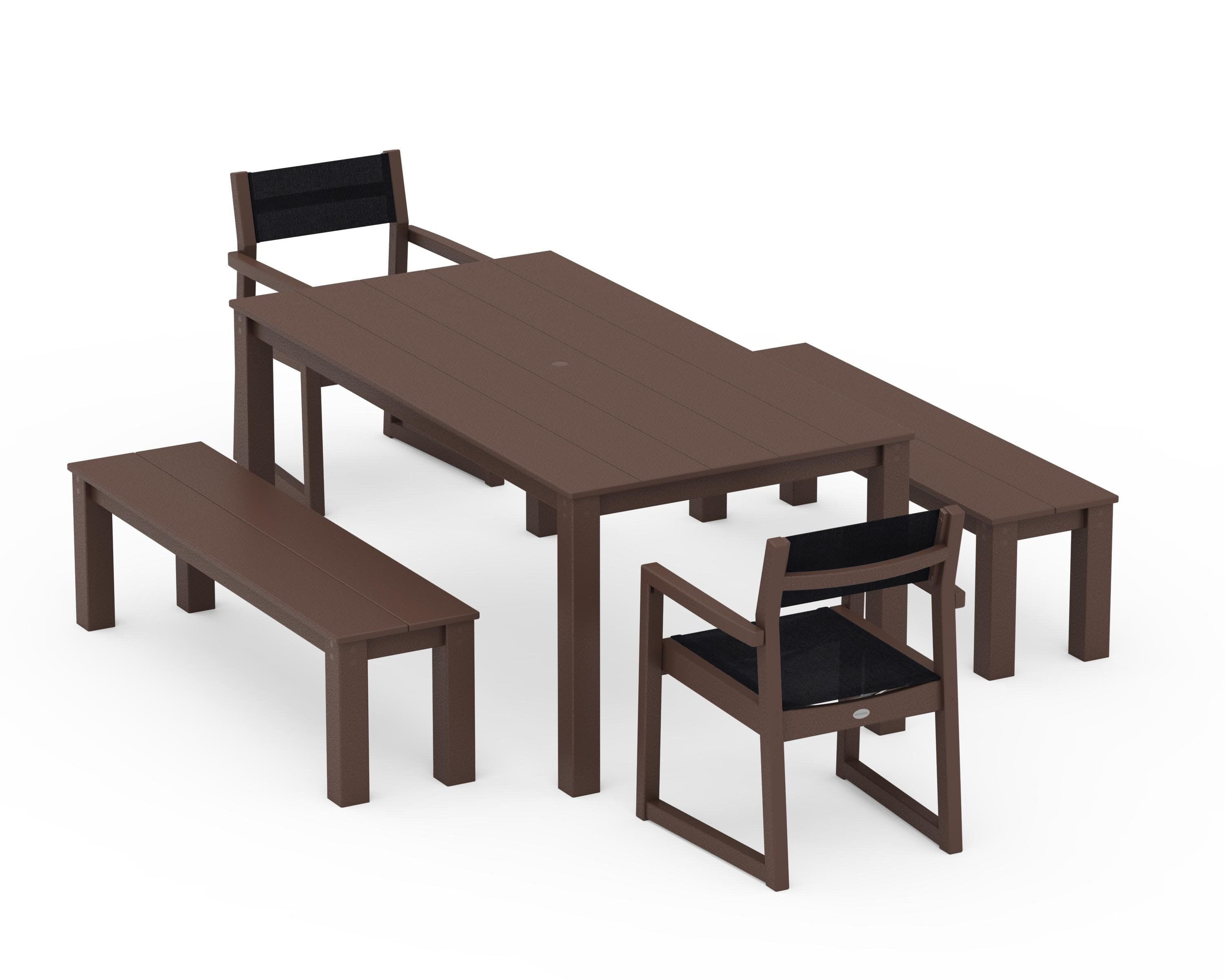 EDGE Sling Arm Chair 5-Piece Parsons Dining Set with Benches in Mahogany / Black Sling