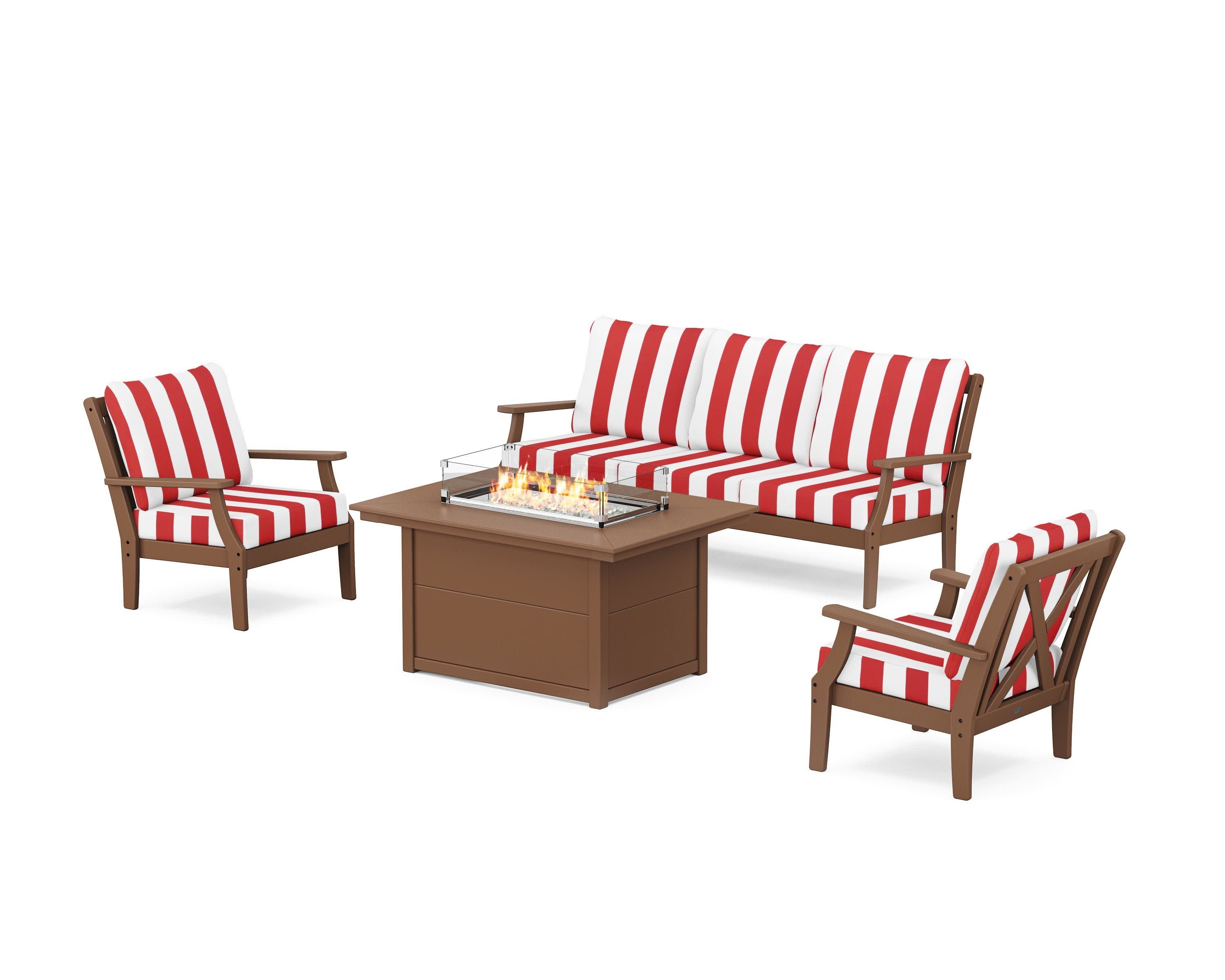 Braxton Deep Seating Fire Pit Table Set in Teak / Cabana Stripe Crimson