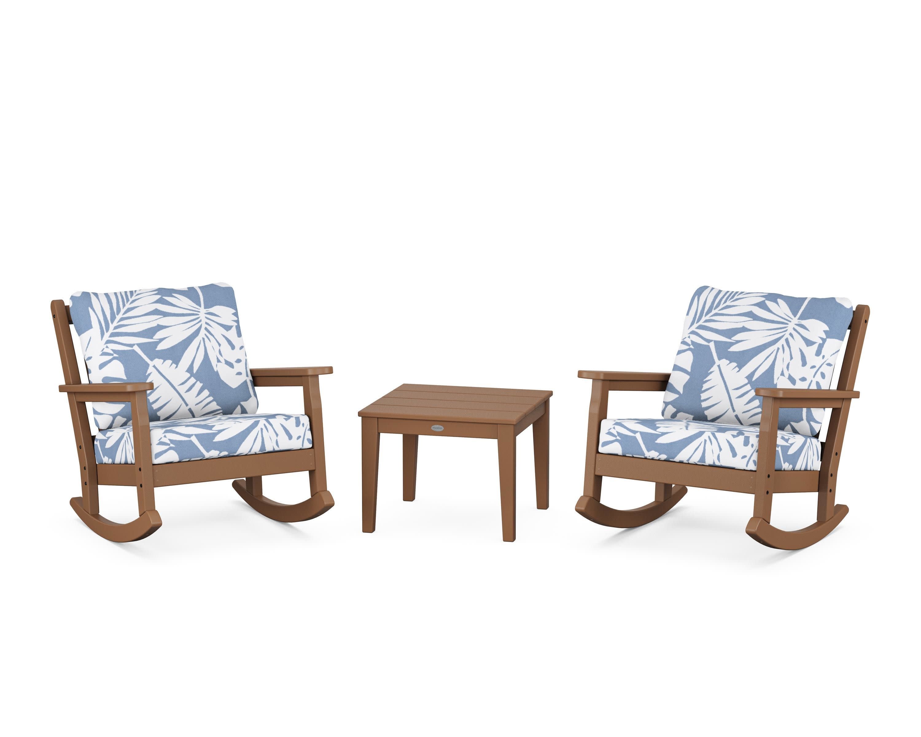 Chippendale 3-Piece Deep Seating Rocker Set in Teak / Leaf Sky Blue