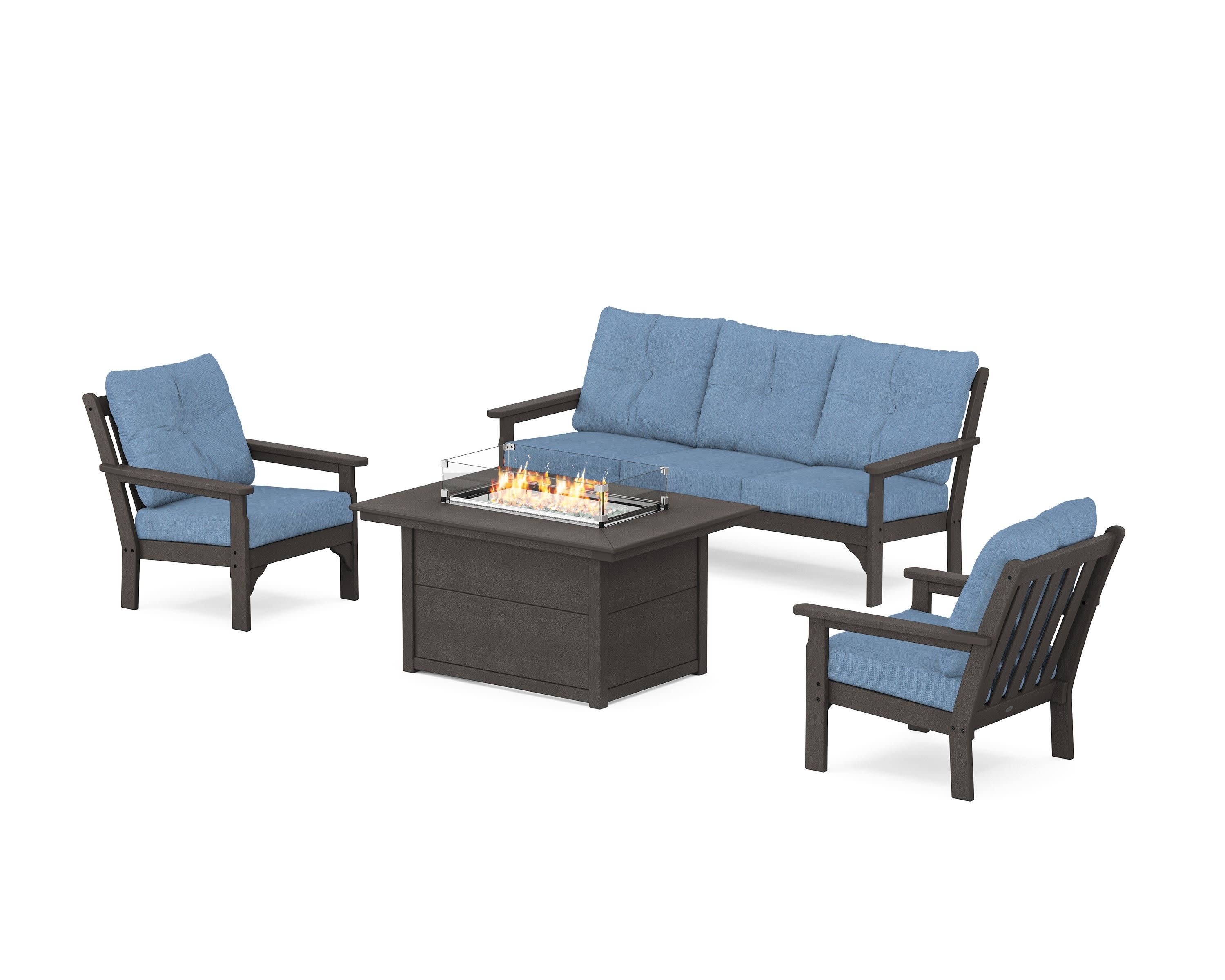 Vineyard Deep Seating Fire Pit Table Set in Vintage Coffee / Sky Blue