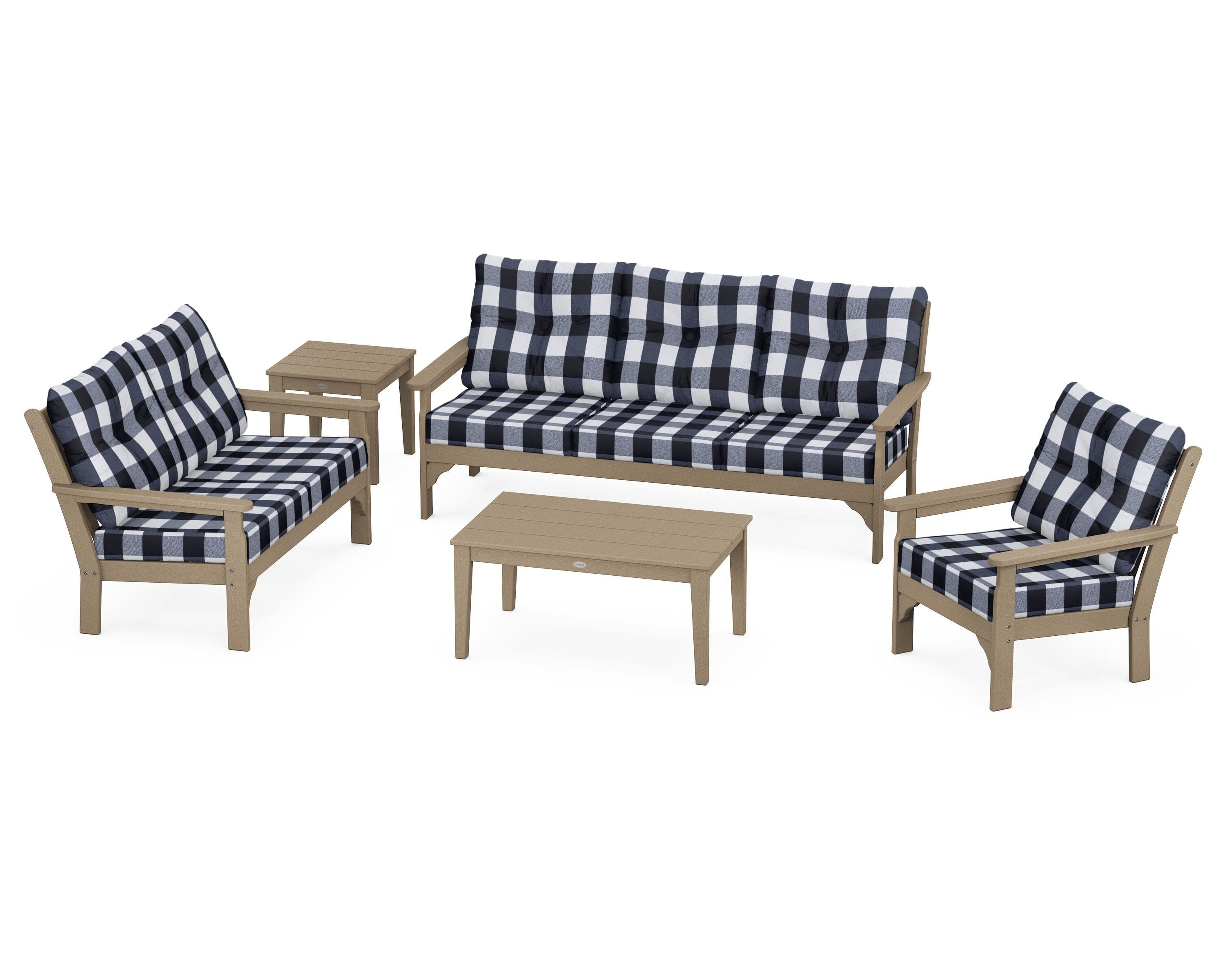 Vineyard 5 Piece Deep Seating Set in Vintage Sahara / Buffalo Plaid Marine Indigo