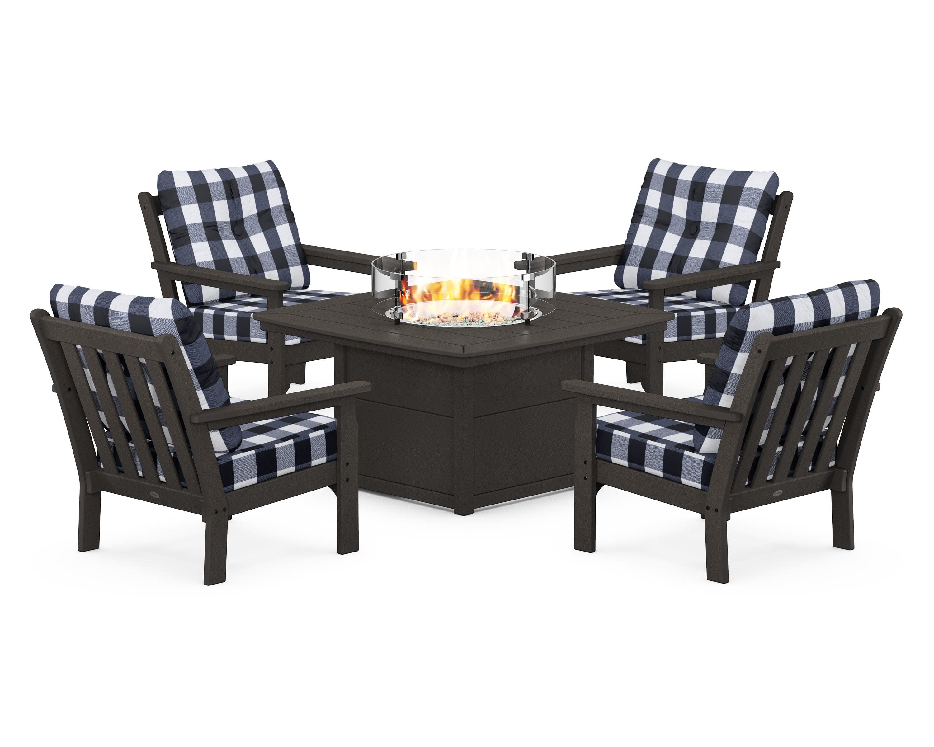 Vineyard 5-Piece Conversation Set with Fire Pit Table in Vintage Coffee / Buffalo Plaid Marine Indigo