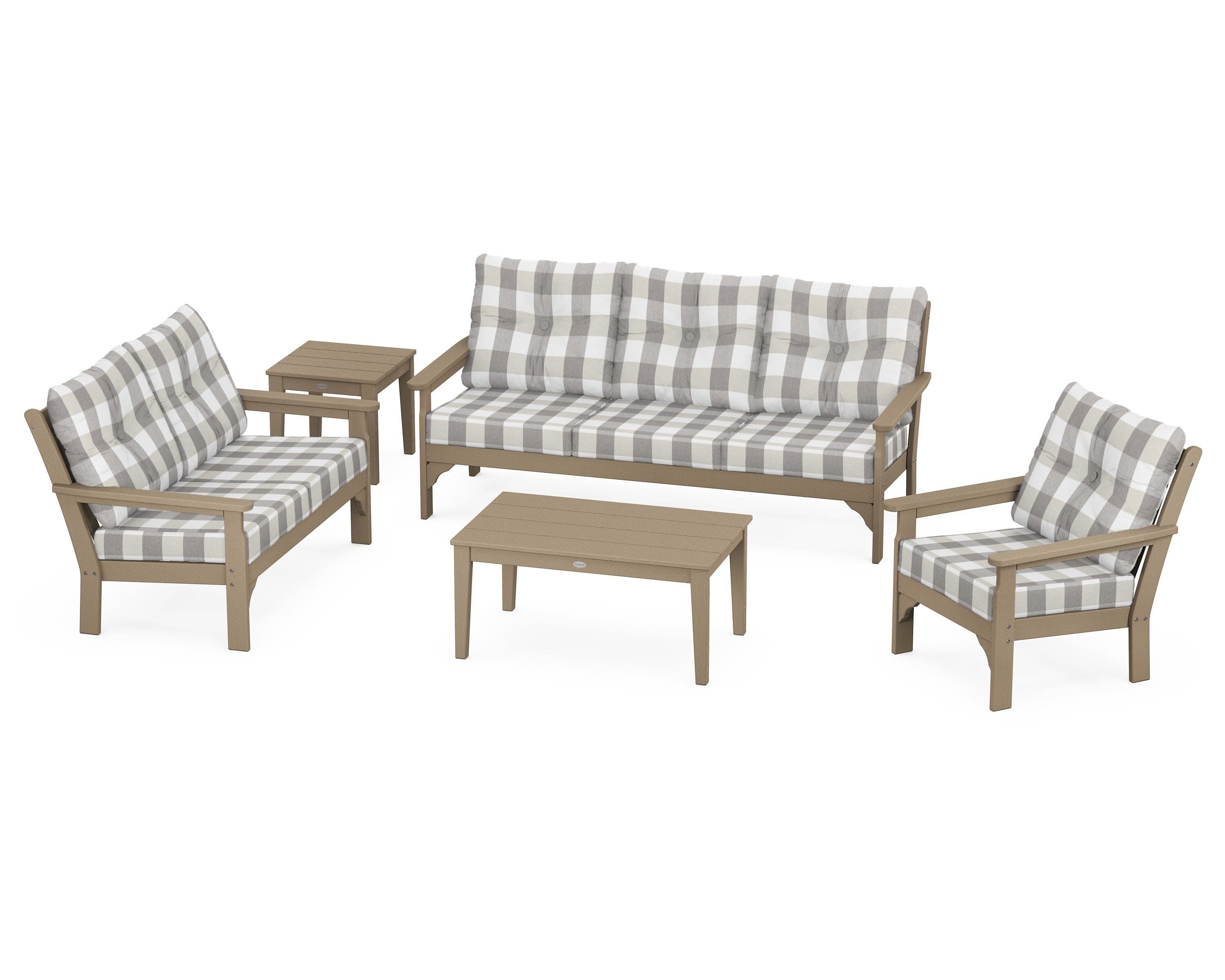 Vineyard 5 Piece Deep Seating Set in Vintage Sahara / Buffalo Plaid Grey Mist